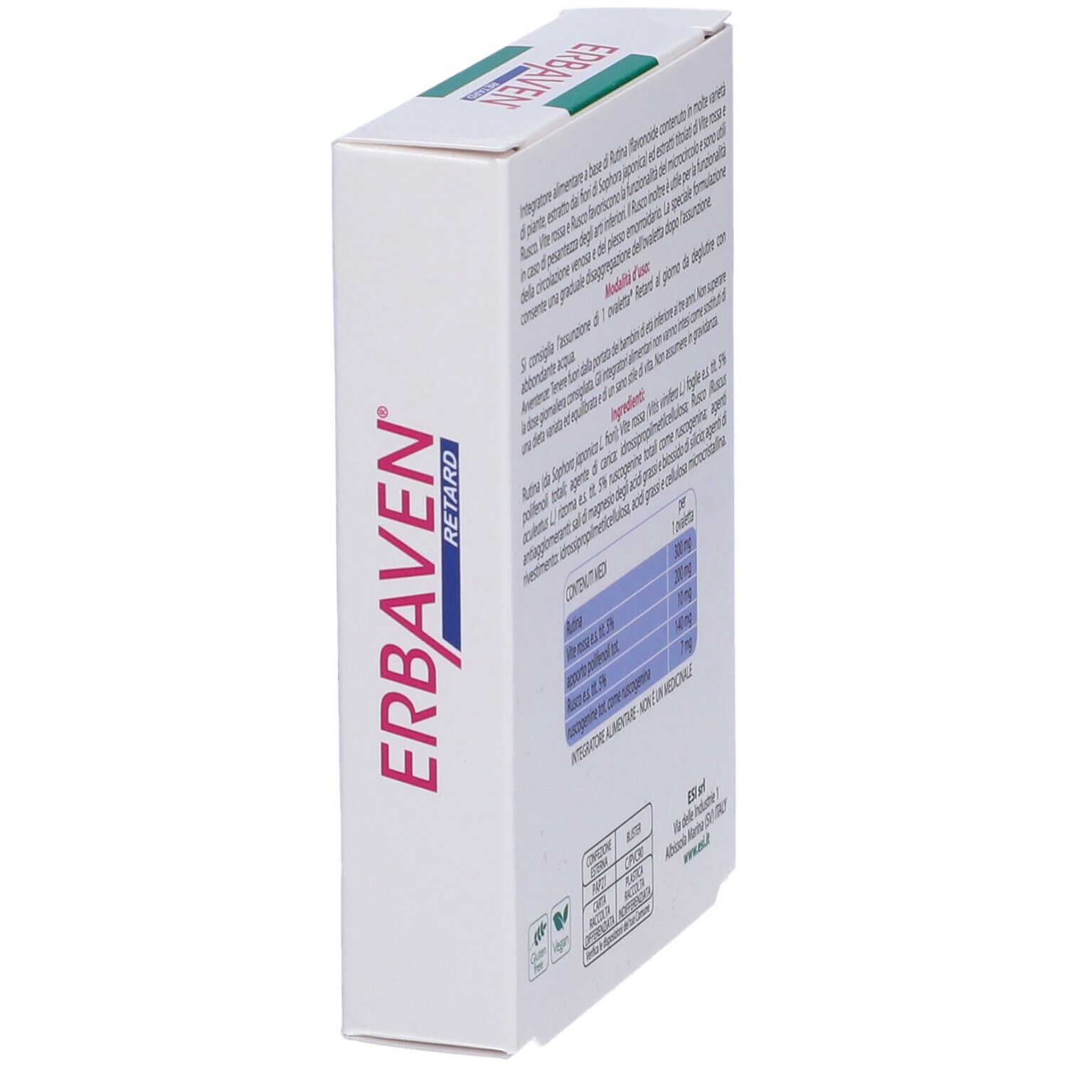 Vista laterale della confezione ESI Erbaven® Retard. Contiene informazioni sugli ingredienti e l'uso. Senza glutine e vegano.
