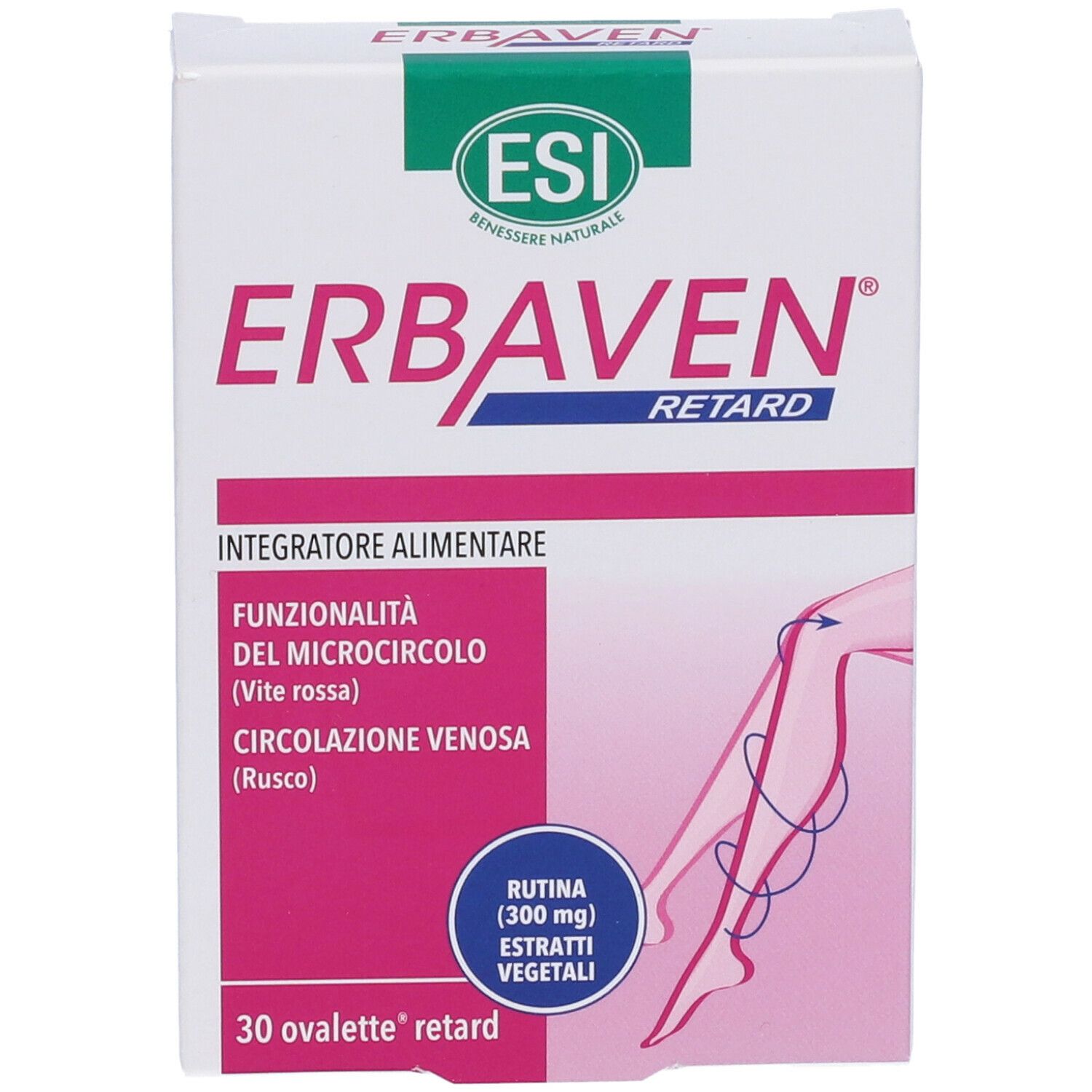 Confezione di ESI Erbaven® Retard. Scatola bianca con nome e logo del prodotto. Contiene informazioni sulla funzionalità del microcircolo.