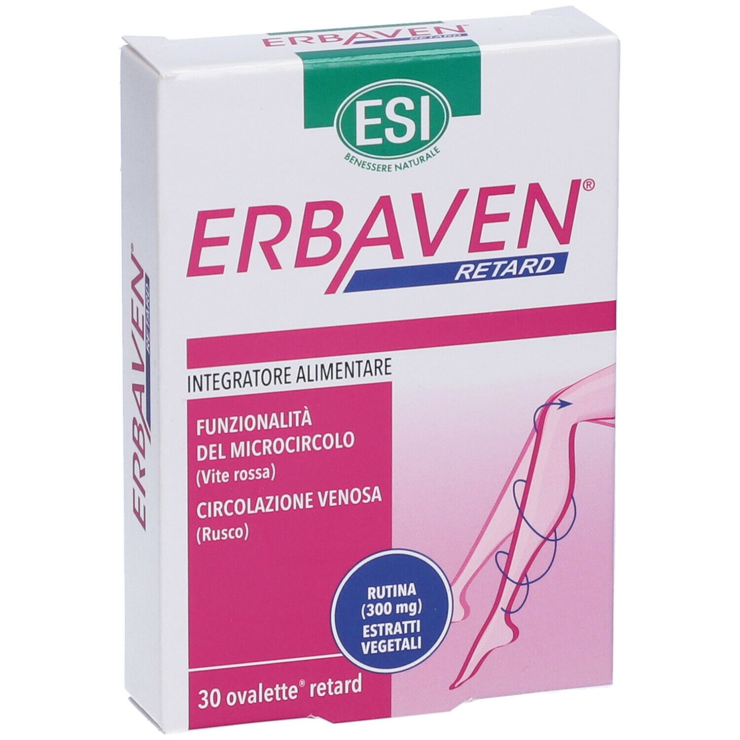 Confezione di ESI Erbaven® Retard. Scatola bianca con nome e logo del prodotto. Contiene informazioni sulla funzionalità del microcircolo.