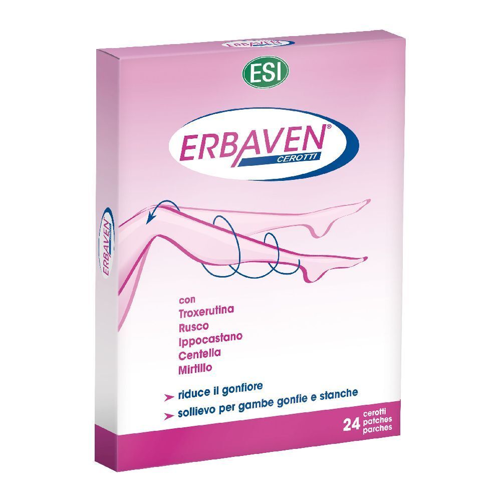 Scatola rosa con nome prodotto e illustrazione gambe. Contiene: Troxerutina, Ippocastano, Mirtillo. 24 cerotti.