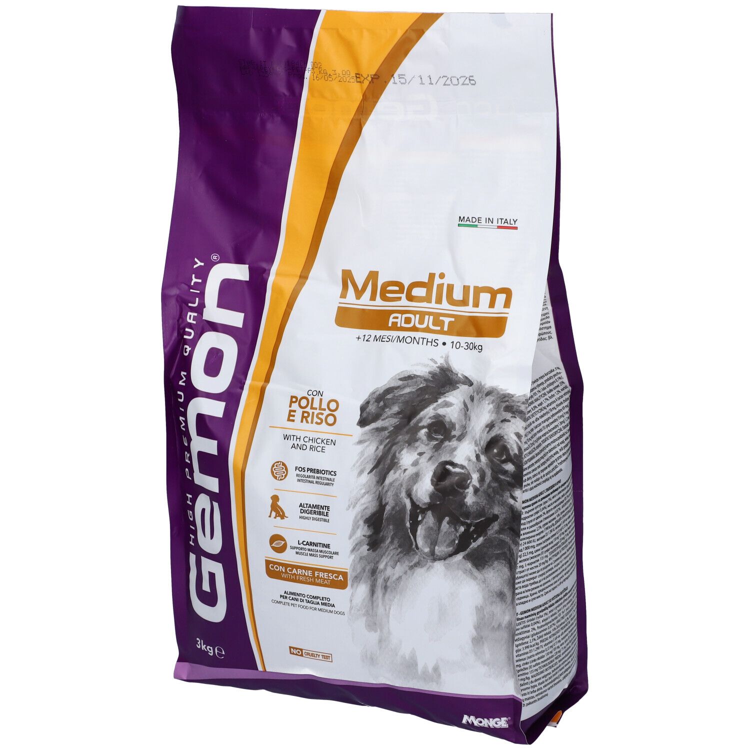Sacchetto di cibo per cani Gemon. Scritto: Medium Adult, con pollo e riso. Immagine di un cane. 3 kg.