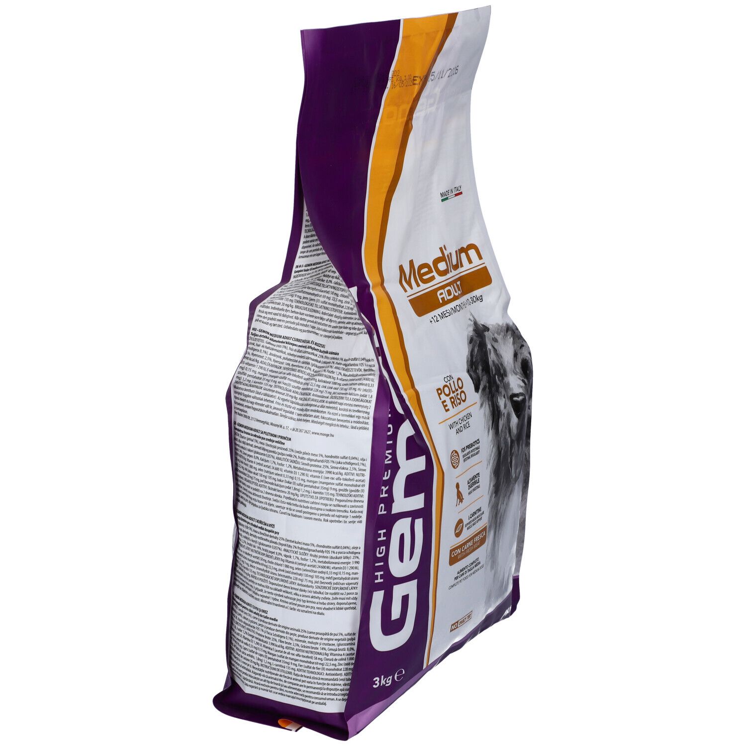 Vista laterale del sacchetto di cibo per cani Gemon. Scritto: Medium Adult, con pollo e riso. 3 kg.