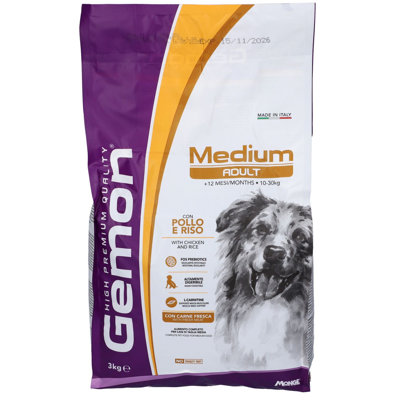 Sacchetto di cibo per cani Gemon. Scritto: Medium Adult, con pollo e riso. Immagine di un cane. 3 kg.