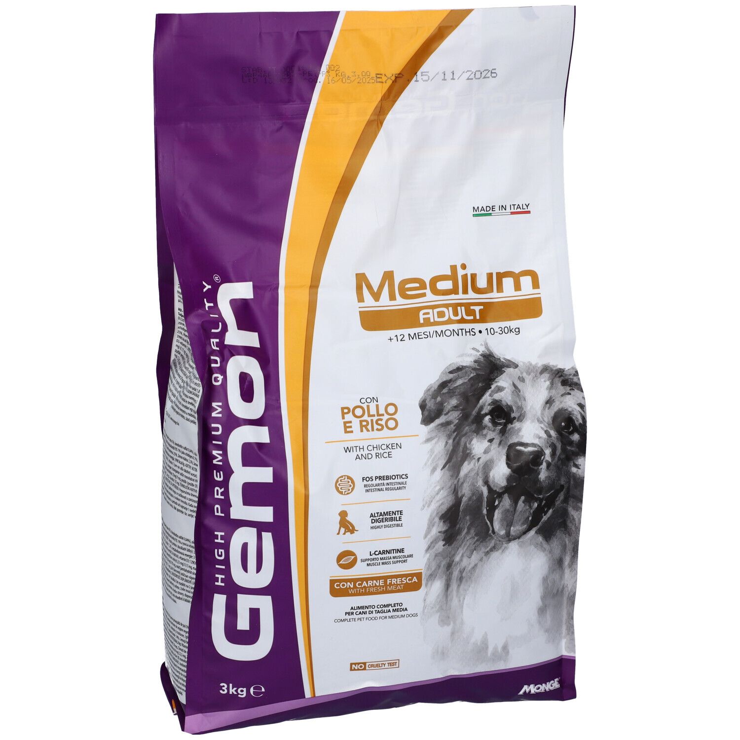 Sacchetto di cibo per cani Gemon. Scritto: Medium Adult, con pollo e riso. Immagine di un cane. 3 kg.