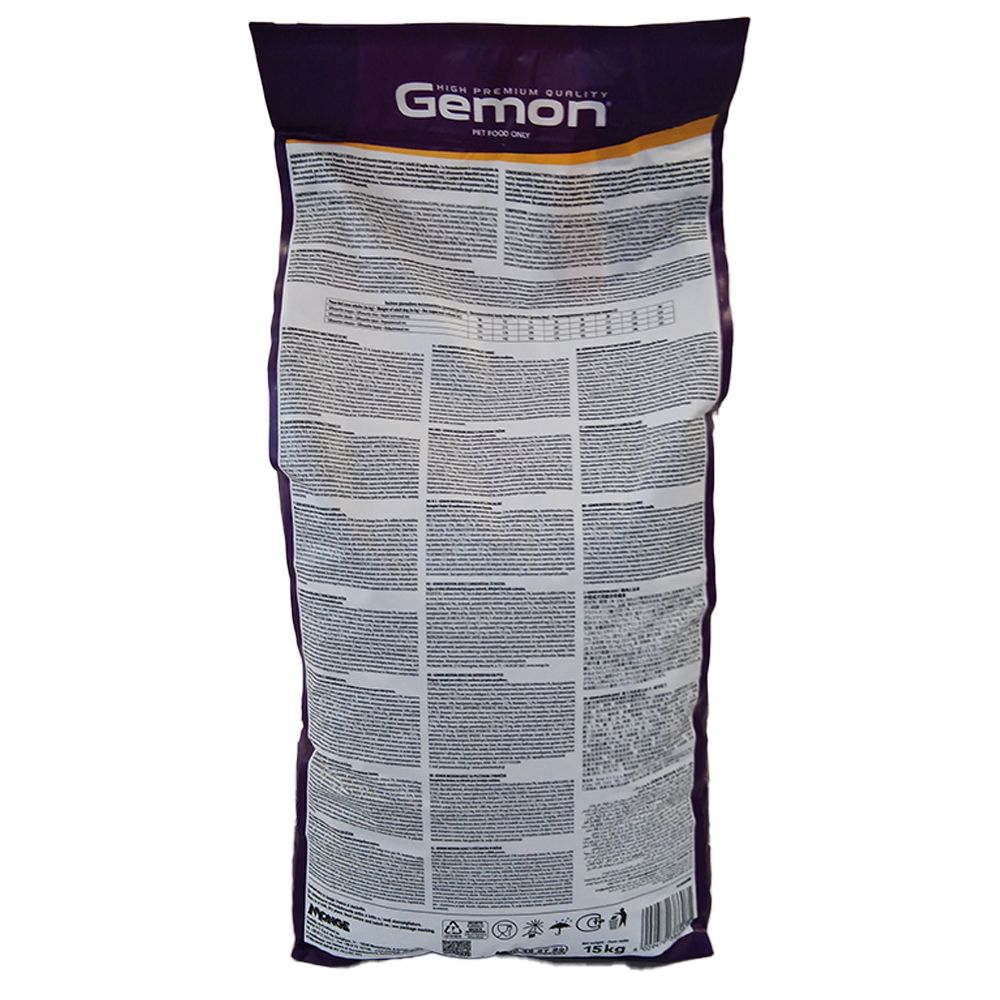 Retro del sacchetto di cibo per cani Gemon. Informazioni testuali in più colonne. 15 kg.