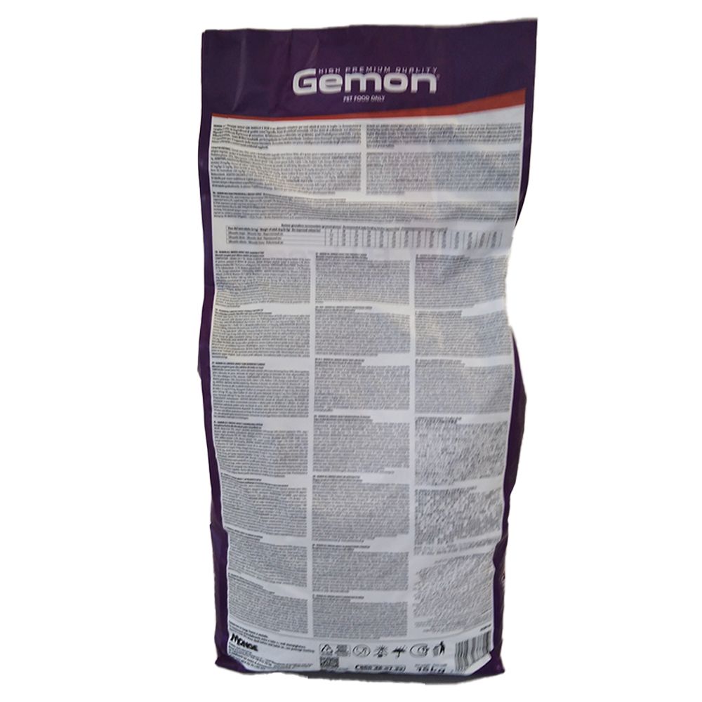 Retro del sacchetto di cibo per cani Gemon. Informazioni testuali multilingue. Informazioni del produttore.
