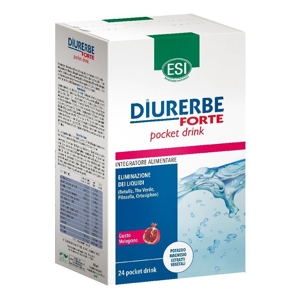 Scatola di Diurerbe Forte Pocket Drink. Scritto: 'Eliminazione dei liquidi'. Gusto: Melograno. 24 Pocket Drinks.