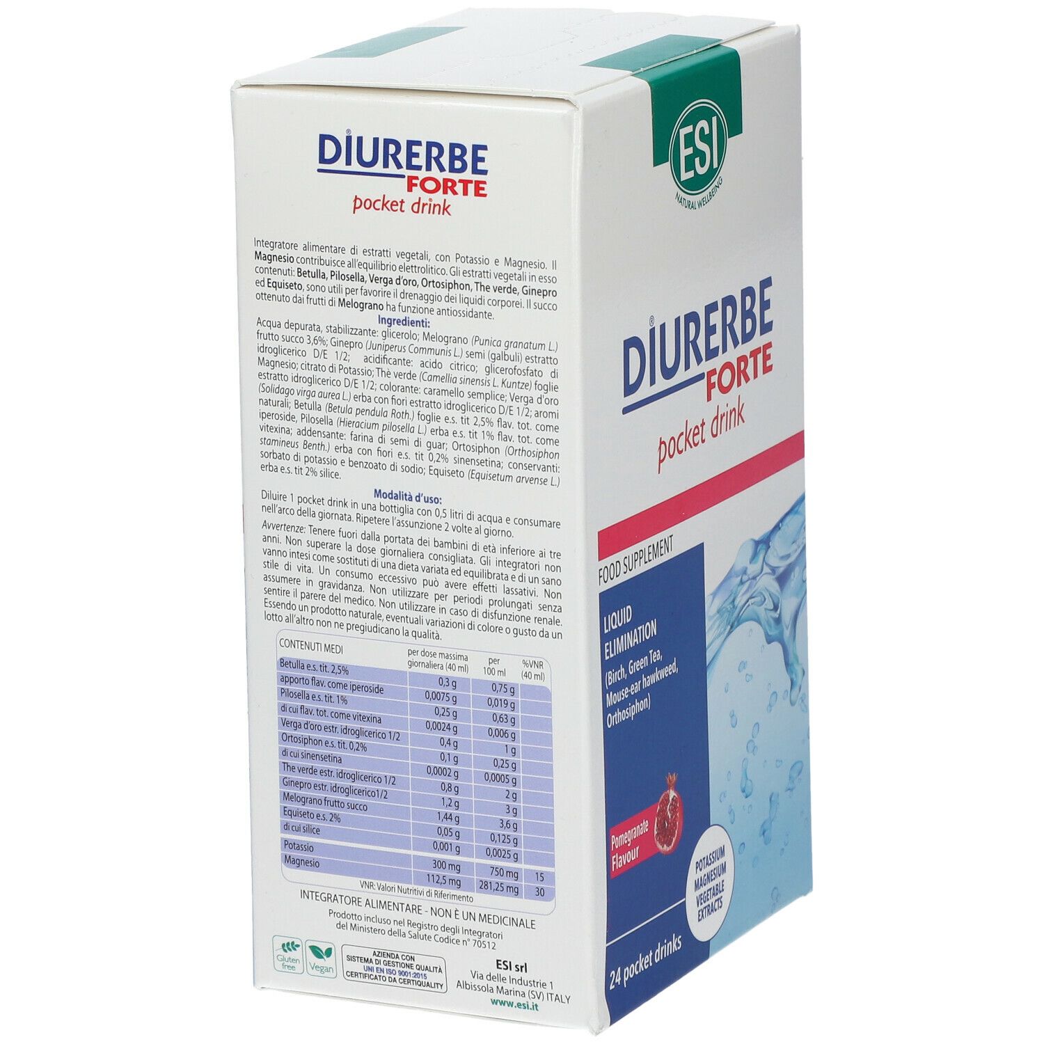 Scatola Diurerbe Forte Pocket Drink. Retro con informazioni e istruzioni. Logo ESI. 24 Pocket Drinks.