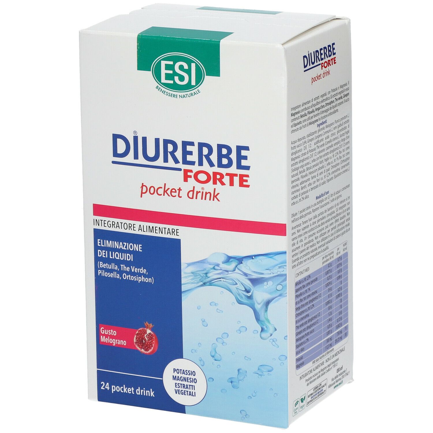 Scatola Diurerbe Forte Pocket Drink. Scritto: 'Eliminazione dei liquidi'. Gusto: Melograno. 24 Pocket Drinks. Logo ESI.