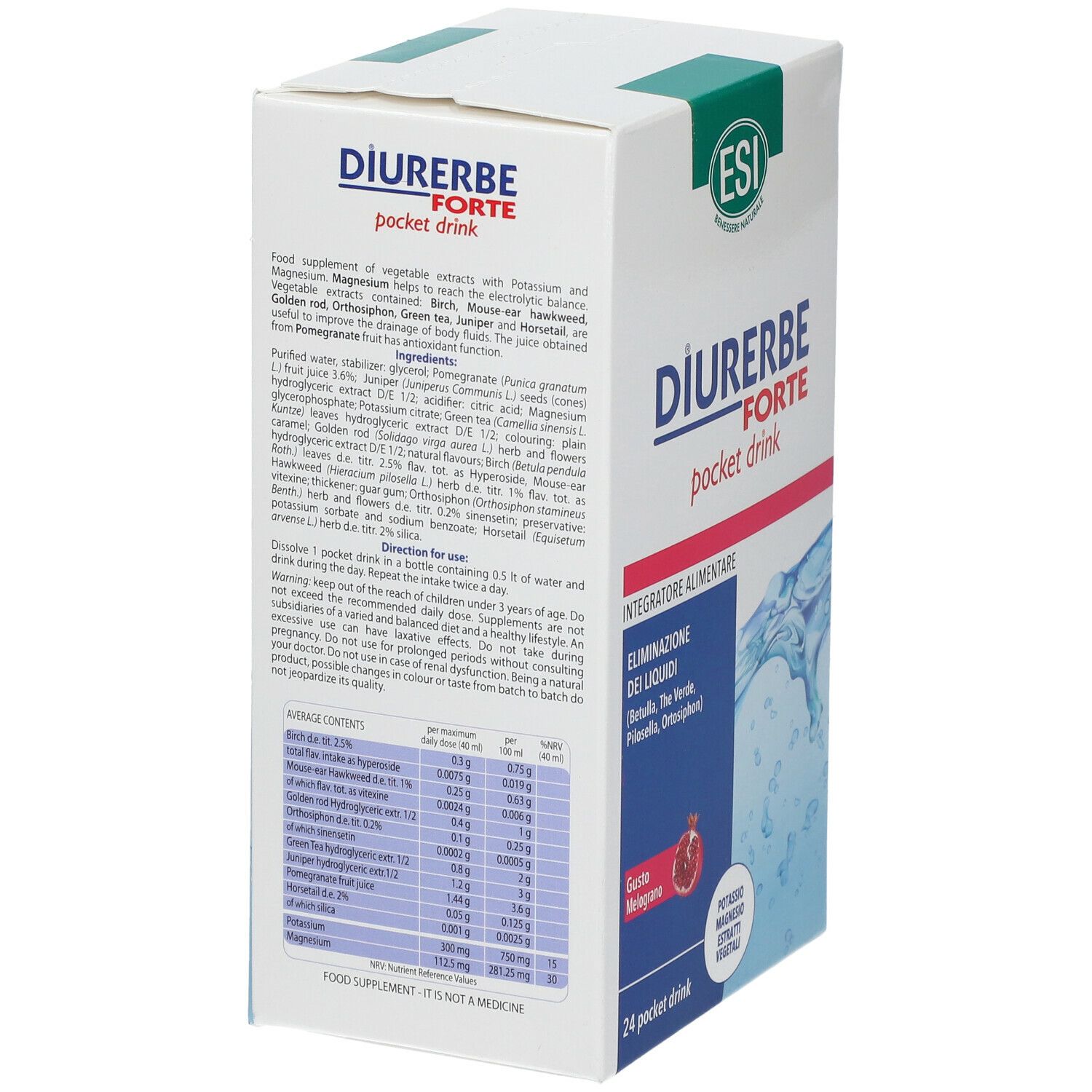 Scatola Diurerbe Forte Pocket Drink. Retro con informazioni e istruzioni. Logo ESI. 24 Pocket Drinks.