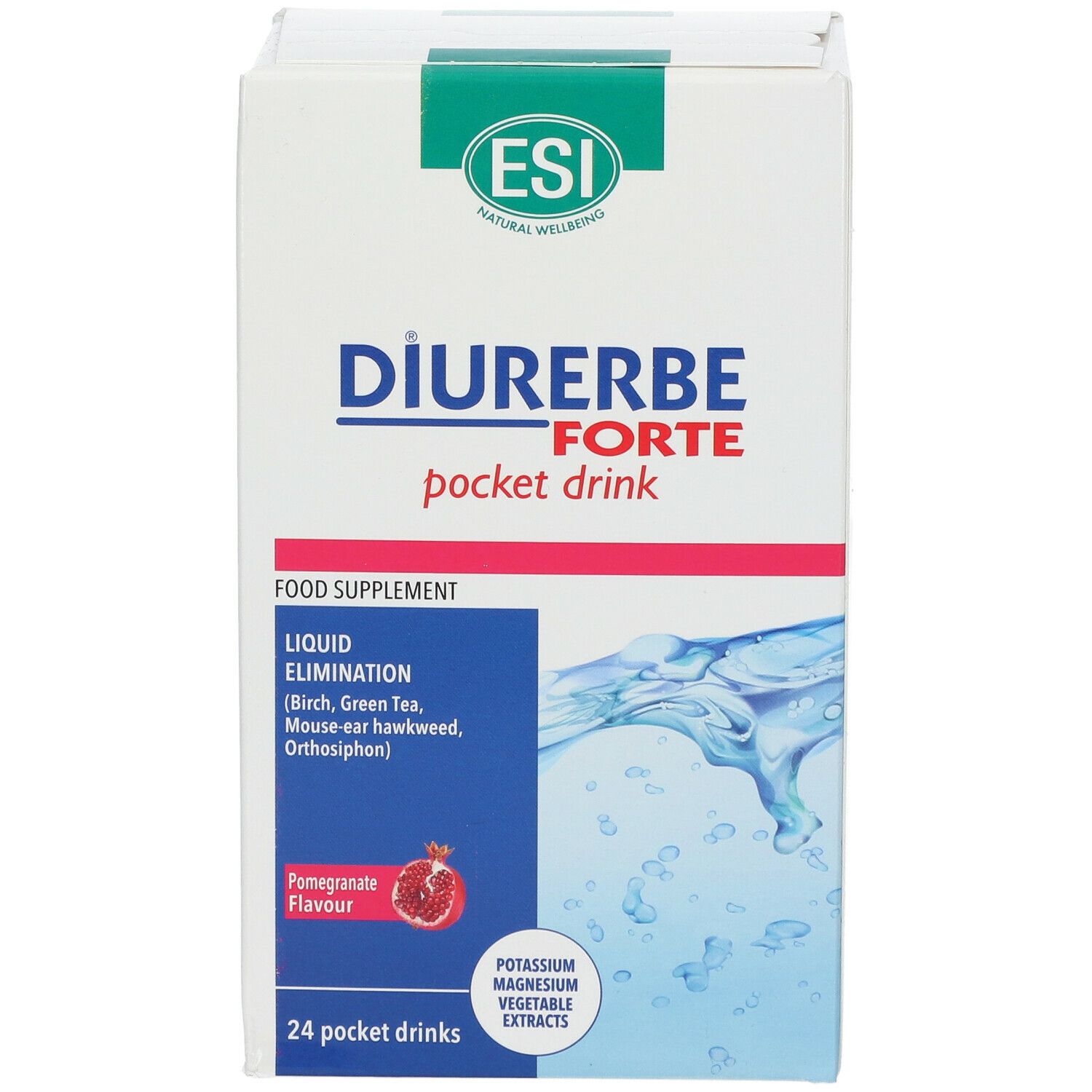 Scatola Diurerbe Forte Pocket Drink. Scritto: 'Food Supplement'. Gusto: Melograno. 24 Pocket Drinks. Logo ESI.