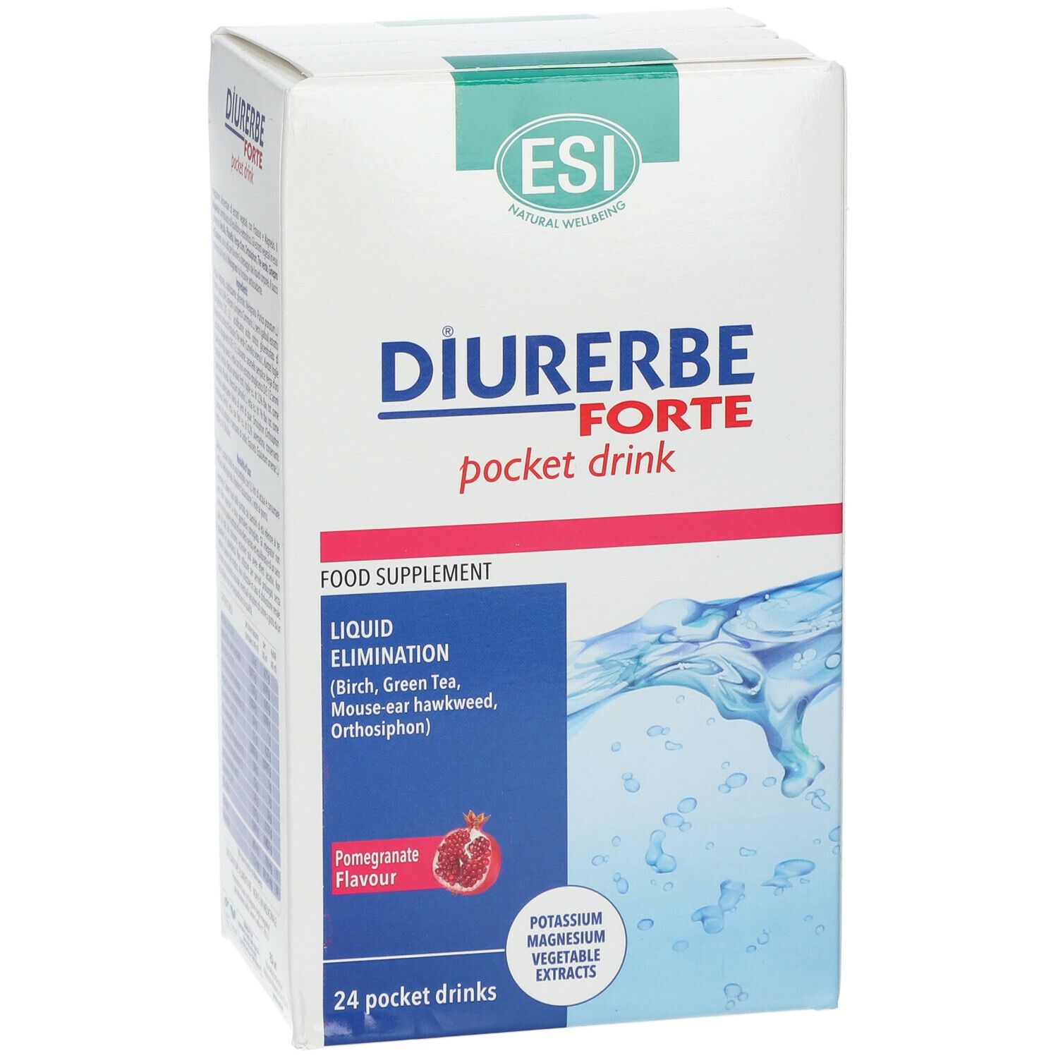 Scatola Diurerbe Forte Pocket Drink. Scritto: 'Food Supplement'. Gusto: Melograno. 24 Pocket Drinks. Logo ESI.