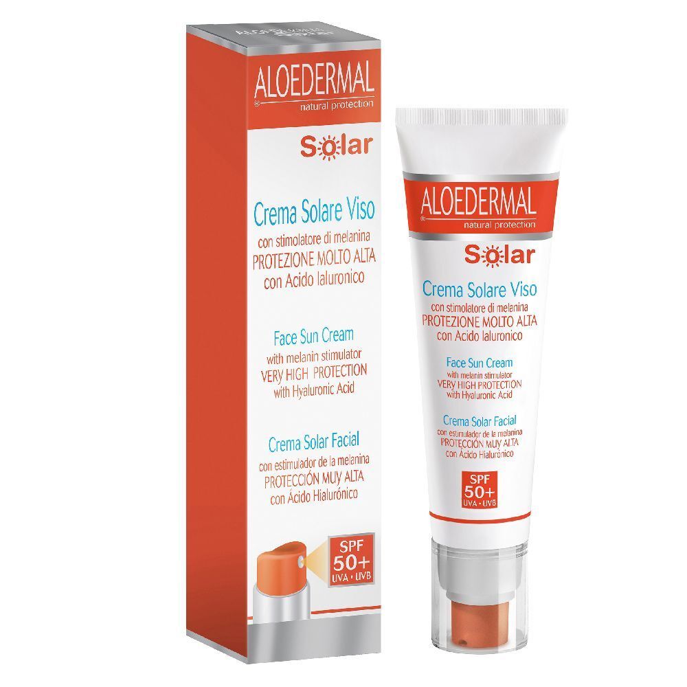 Tubo e confezione di crema solare. Scritta: Aloedermal Solar, Crema Solare Viso, SPF 50+.