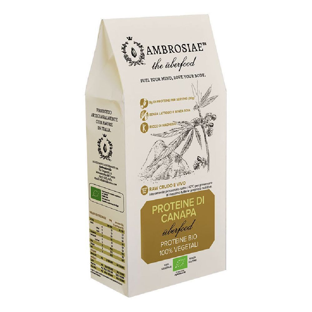 Confezione di Ambrosiae Proteine Di Canapa. Testo: Proteine di Canapa, Bio, 100% vegetali. Con marchio bio.