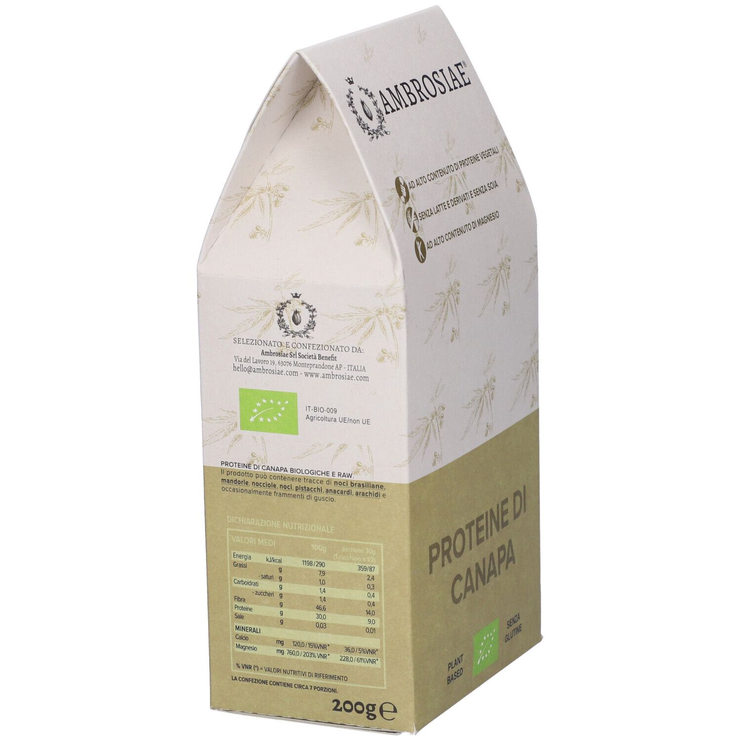 Retro della confezione di Ambrosiae Proteine Di Canapa. Testo: Proteine di Canapa Bio, 200g. Con marchio bio.