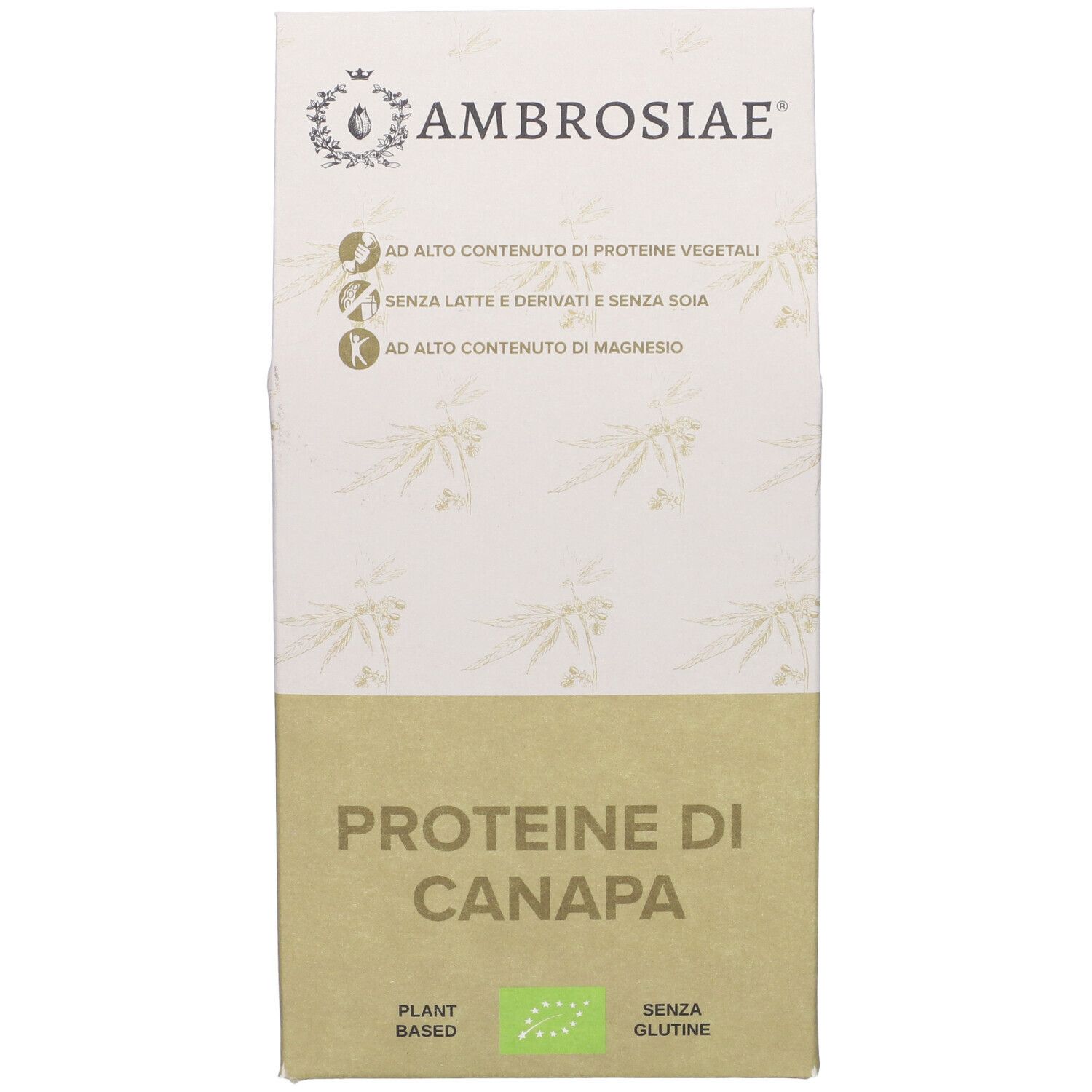 Fronte della confezione di Ambrosiae Proteine Di Canapa. Testo: Proteine di Canapa, Plant Based, senza glutine. Con marchio bio.