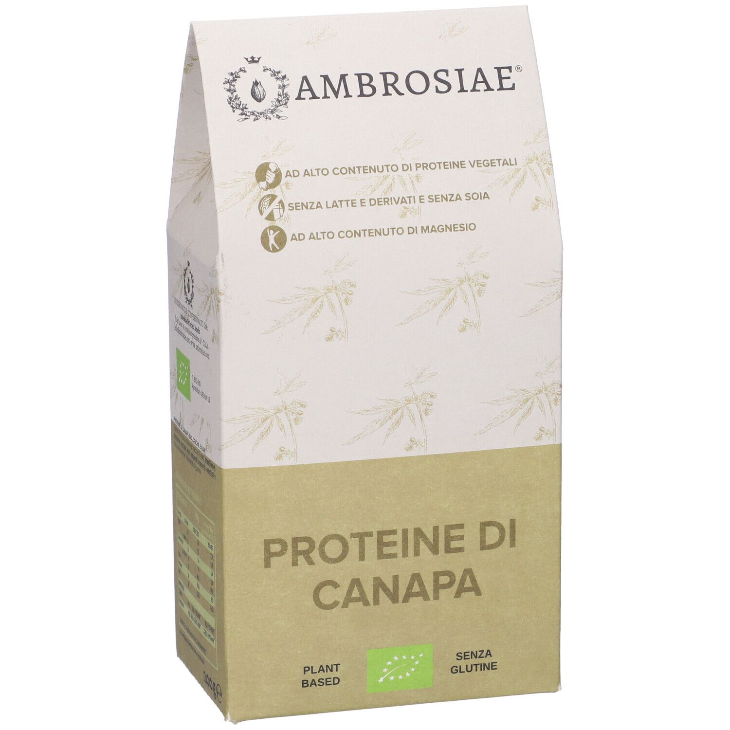 Fronte della confezione di Ambrosiae Proteine Di Canapa. Testo: Proteine di Canapa, Plant Based, senza glutine. Con marchio bio.