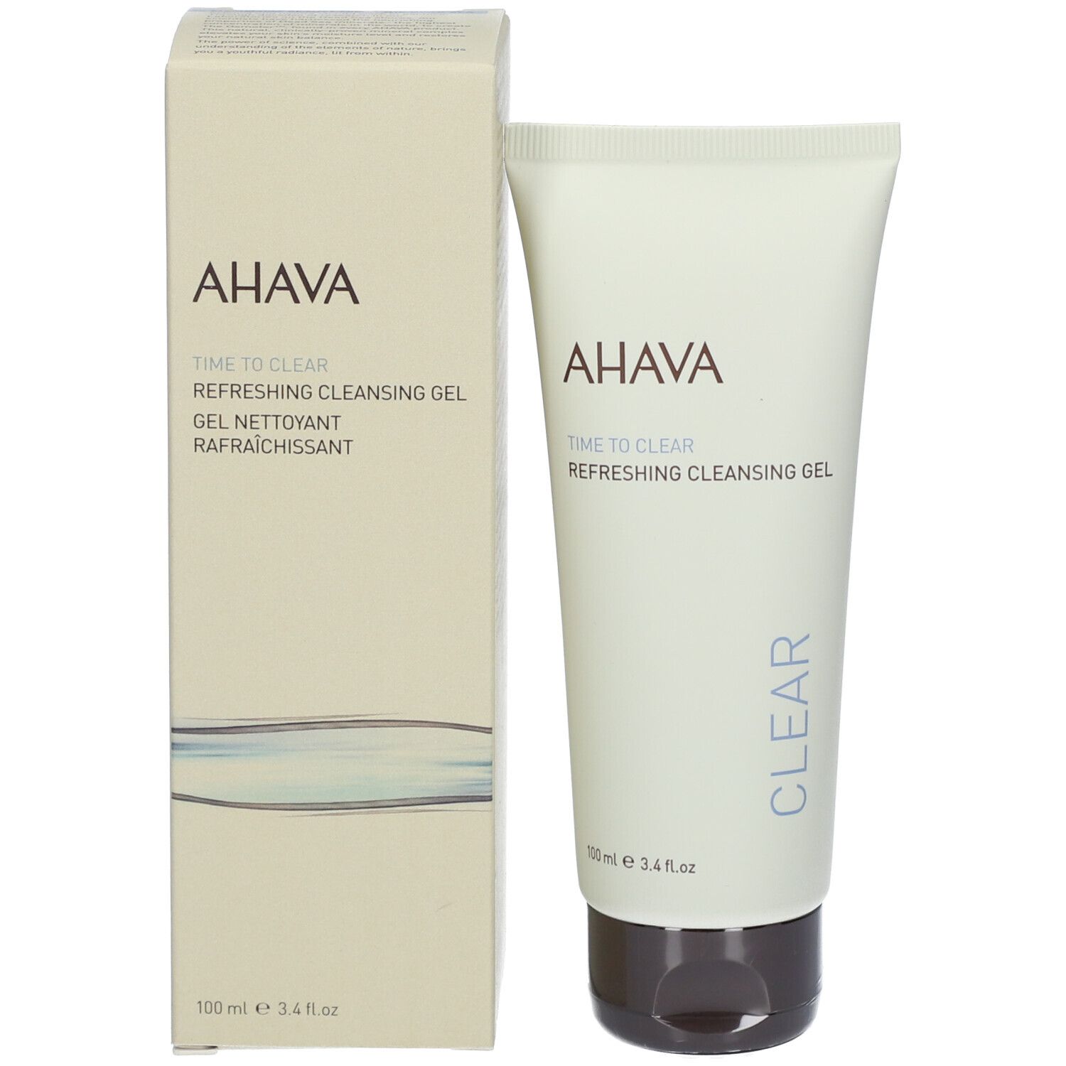 AHAVA Erfrischendes Reinigungs-Gel in einer weißen Tube mit Kartonverpackung. 100 ml.