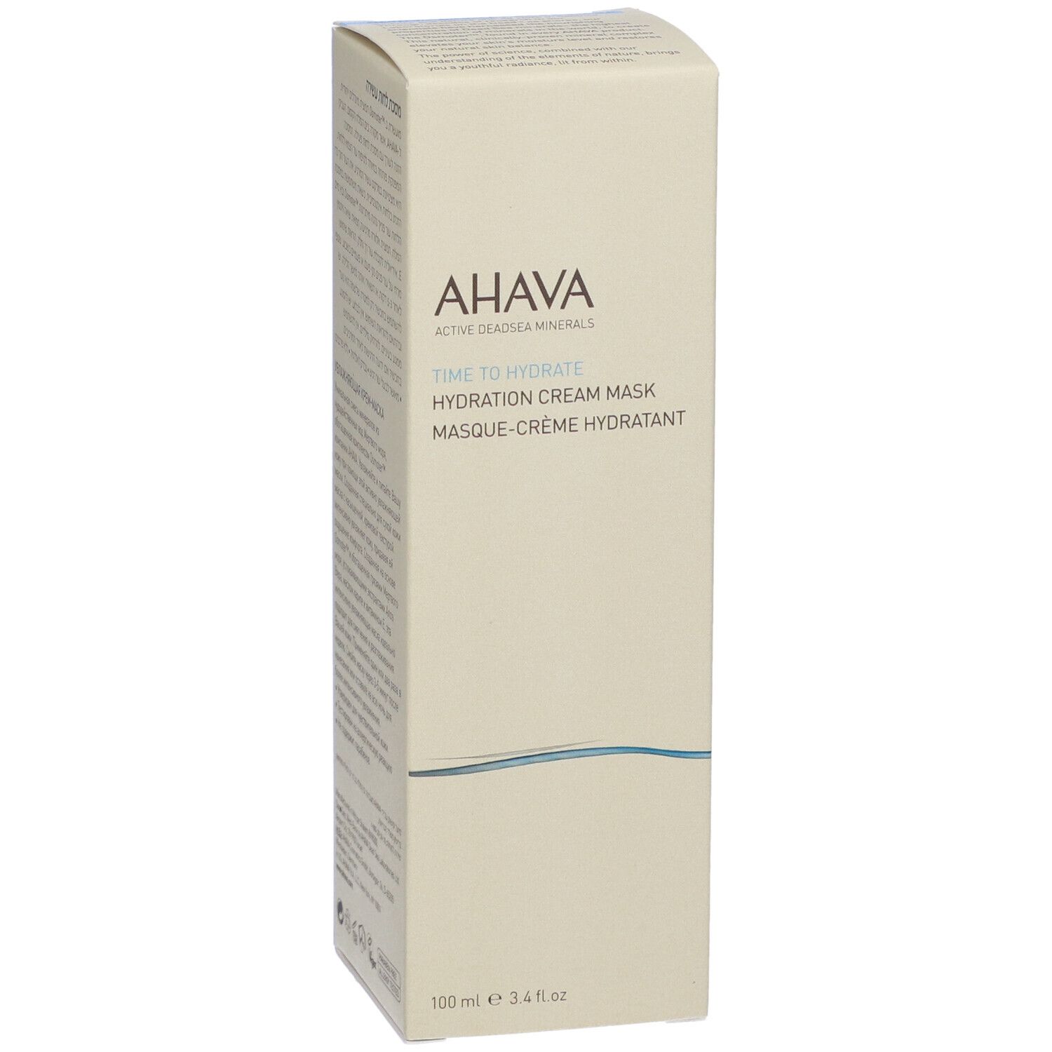 Kartonverpackung. Marke AHAVA. Produktname: Hydration Cream Mask. Eckige Form. Text auf der Verpackung.