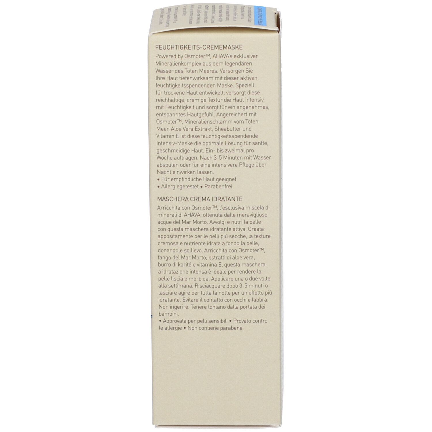 Kartonverpackung. Text in mehreren Sprachen. Produktname: Feuchtigkeits-Crememaske. Marke AHAVA. Eckige Form.
