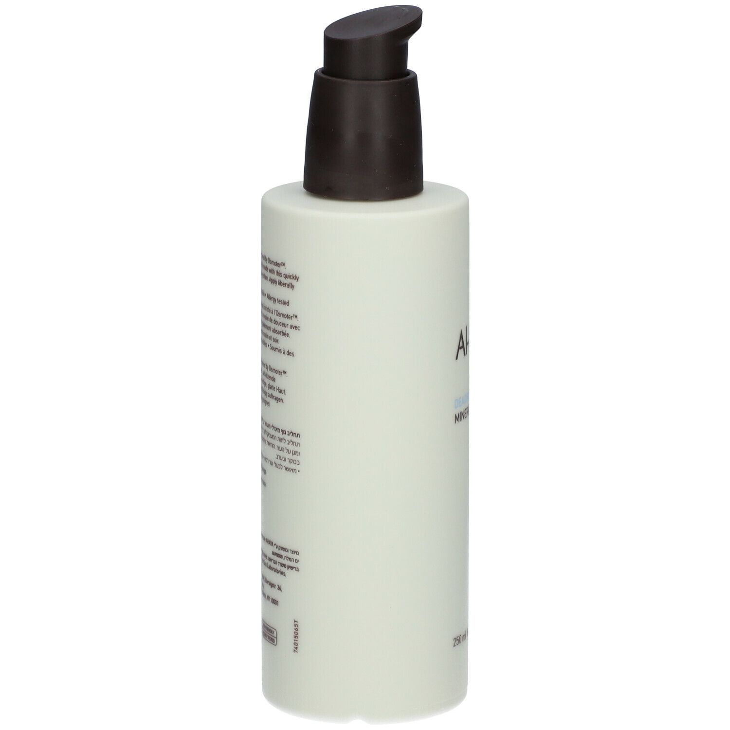 AHAVA Mineral Body Lotion. Bottiglia di lato. Scritta e testo sul retro. Dosatore marrone.