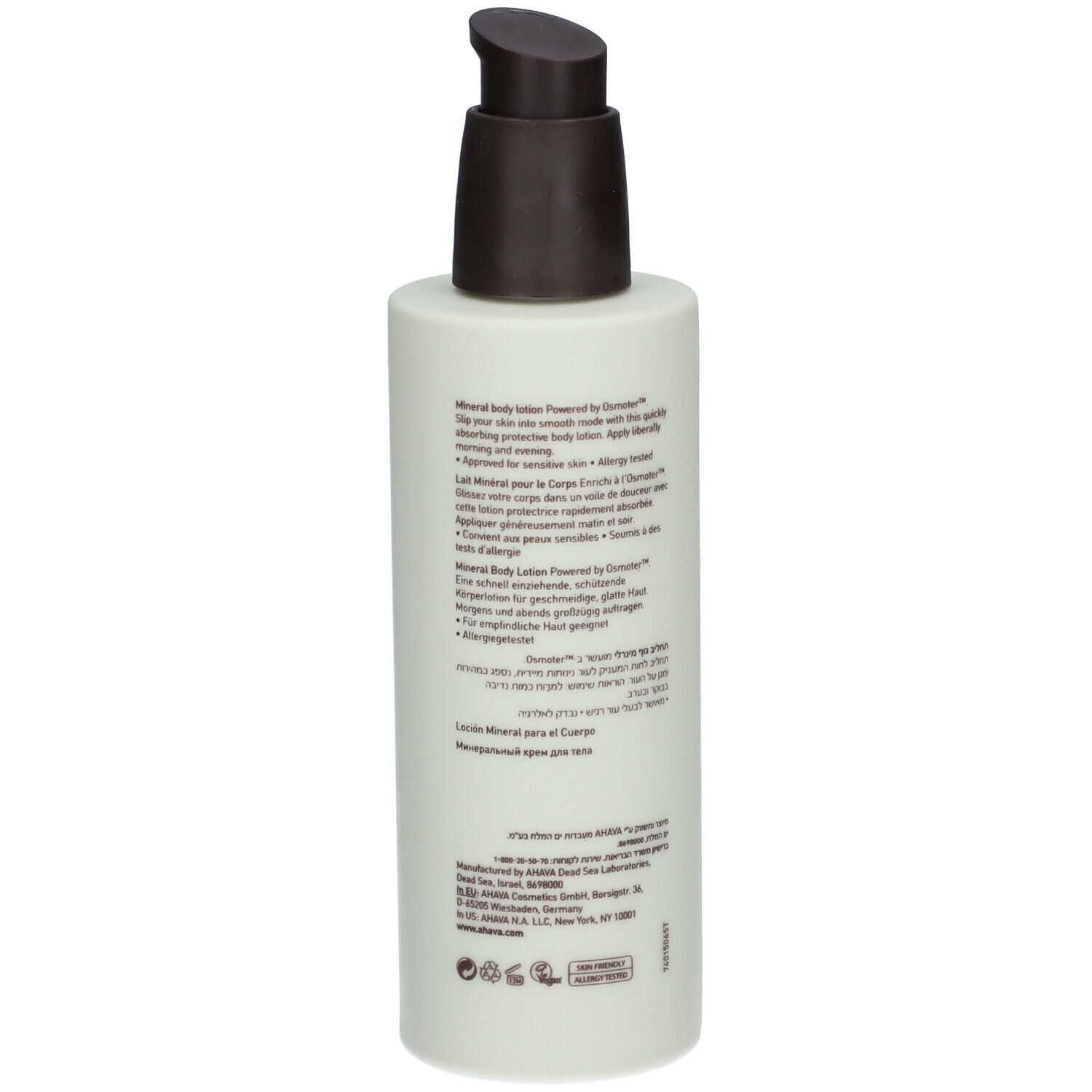 AHAVA Mineral Body Lotion. Retro della bottiglia con testo. Dosatore marrone. Flacone verde chiaro.