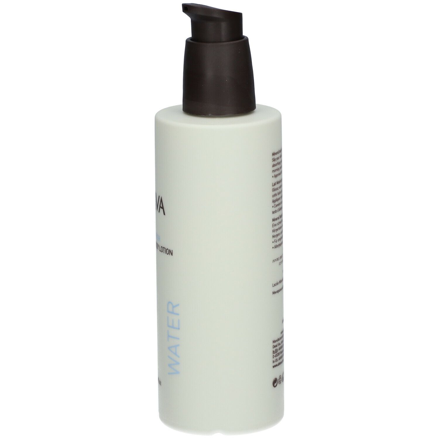 AHAVA Mineral Body Lotion. Bottiglia di lato. Scritta e testo sul retro. Dosatore marrone.