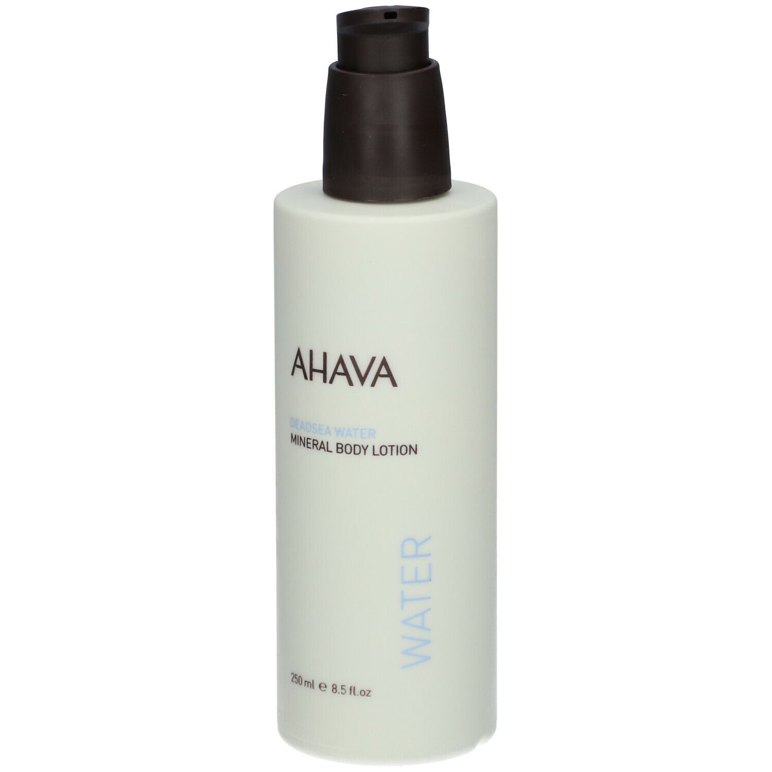 AHAVA Mineral Body Lotion. Flacone verde chiaro con dosatore marrone. Scritta AHAVA, Mineral Body Lotion, Water.