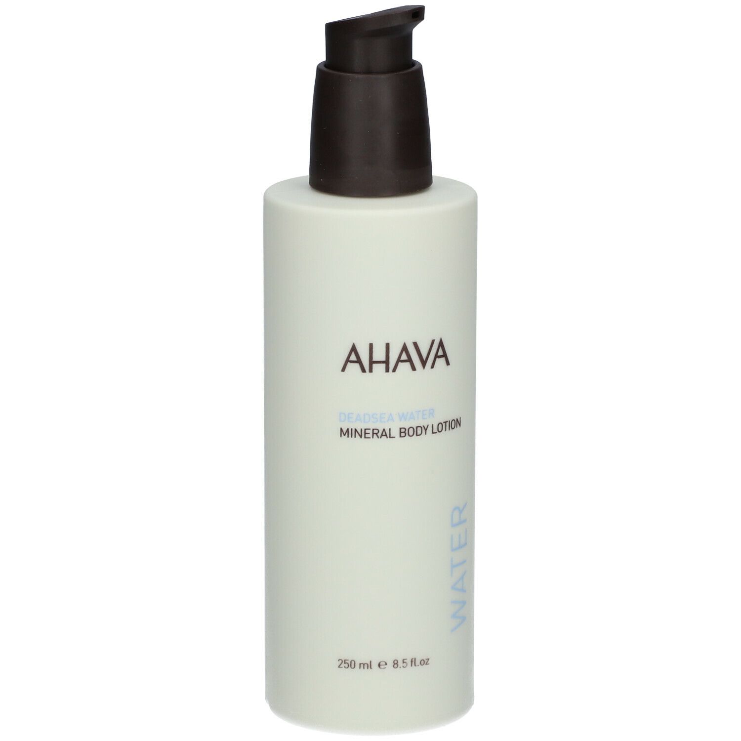 AHAVA Mineral Body Lotion. Flacone verde chiaro con dosatore marrone. Scritta AHAVA, Mineral Body Lotion, Water.