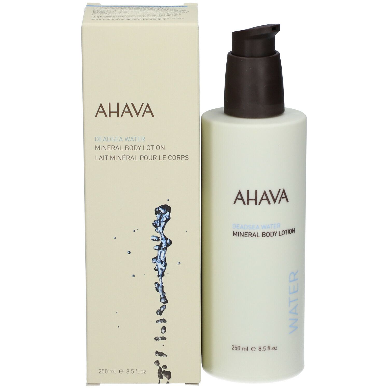 AHAVA Mineral Body Lotion. Flacone e confezione. Scritta AHAVA, Mineral Body Lotion. Verde chiaro e beige.