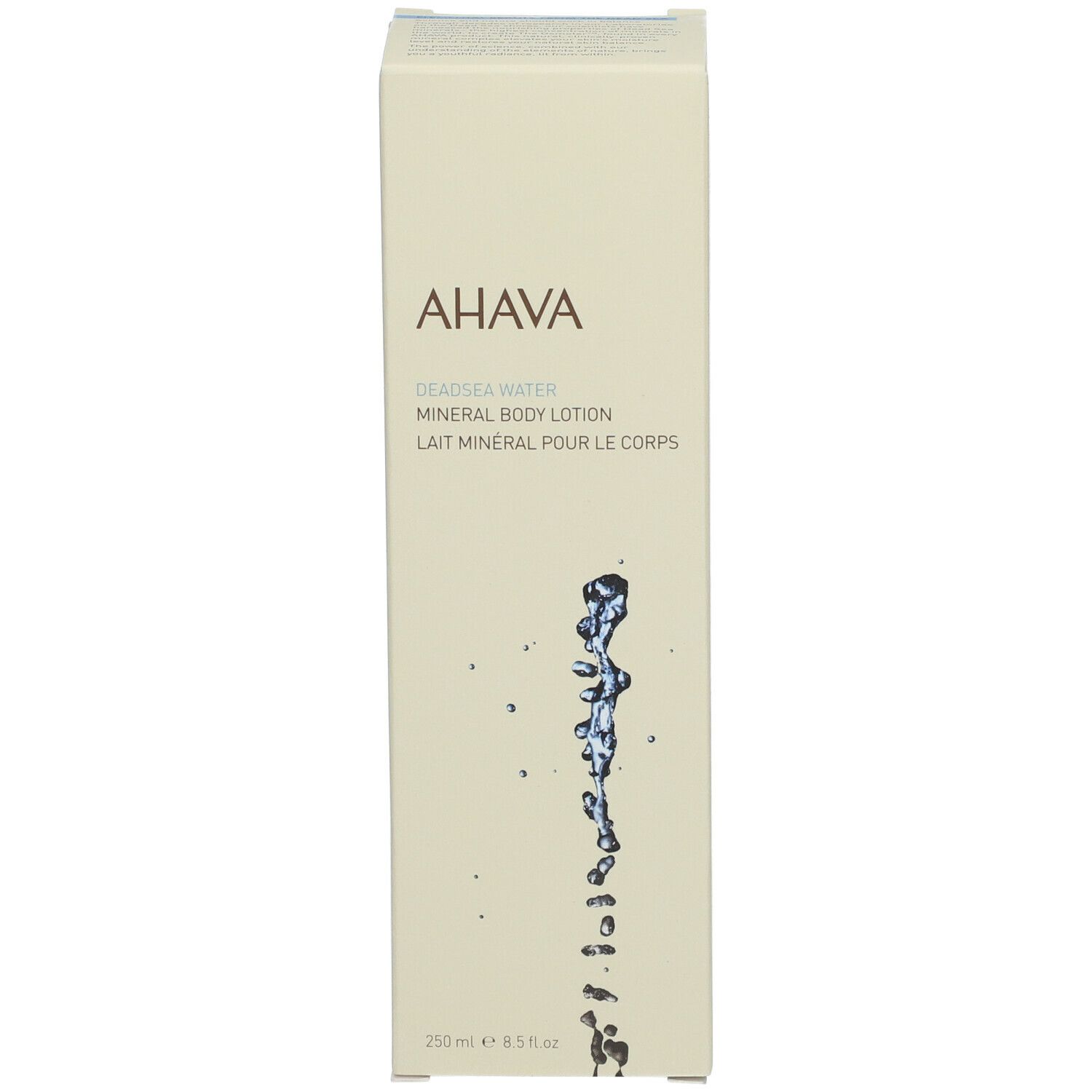 AHAVA Mineral Body Lotion. Confezione. Scritta AHAVA, Mineral Body Lotion. Beige con illustrazione d'acqua.