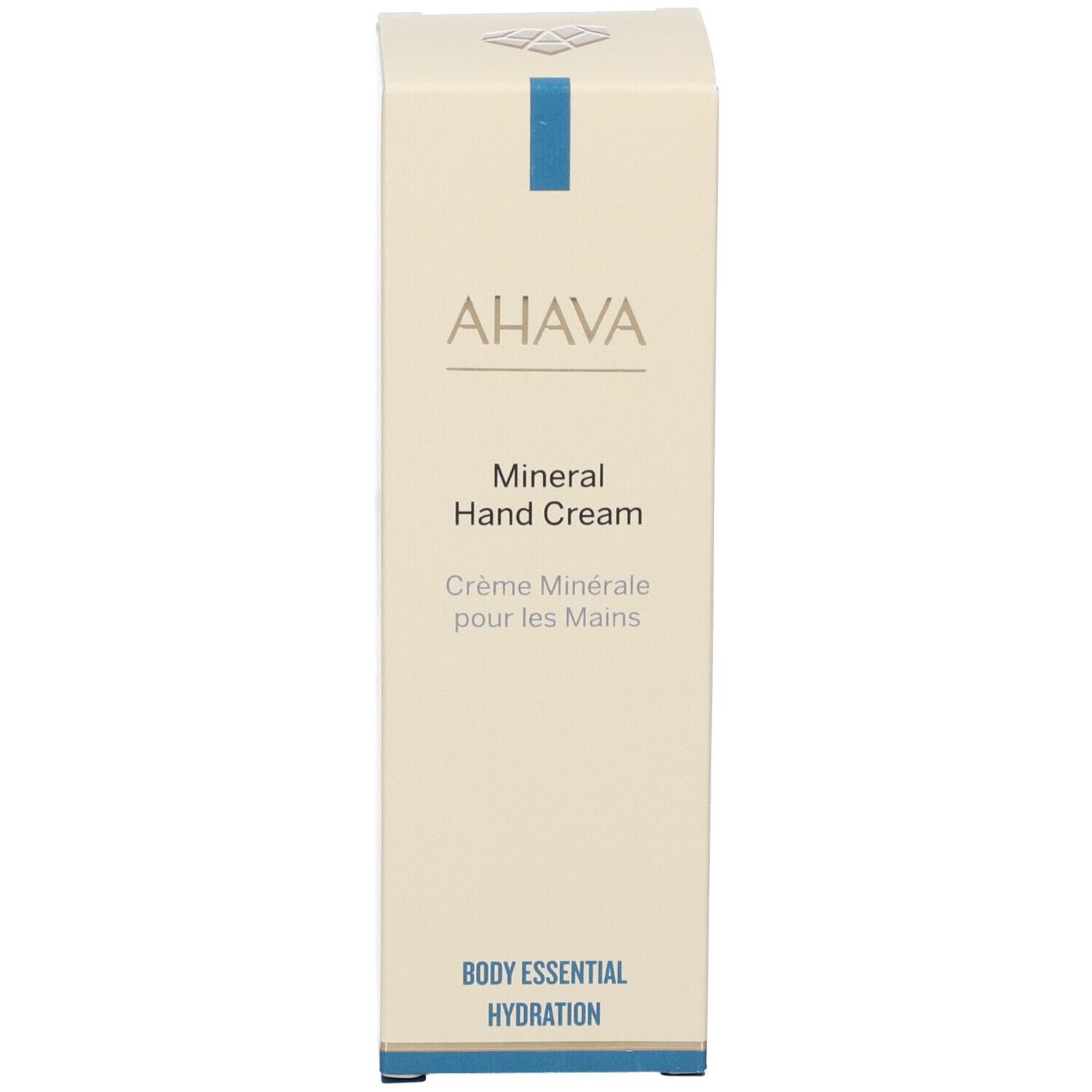 Verpackung der AHAVA Mineral Hand Cream. Beige Schachtel mit blauem Streifen und Logo.