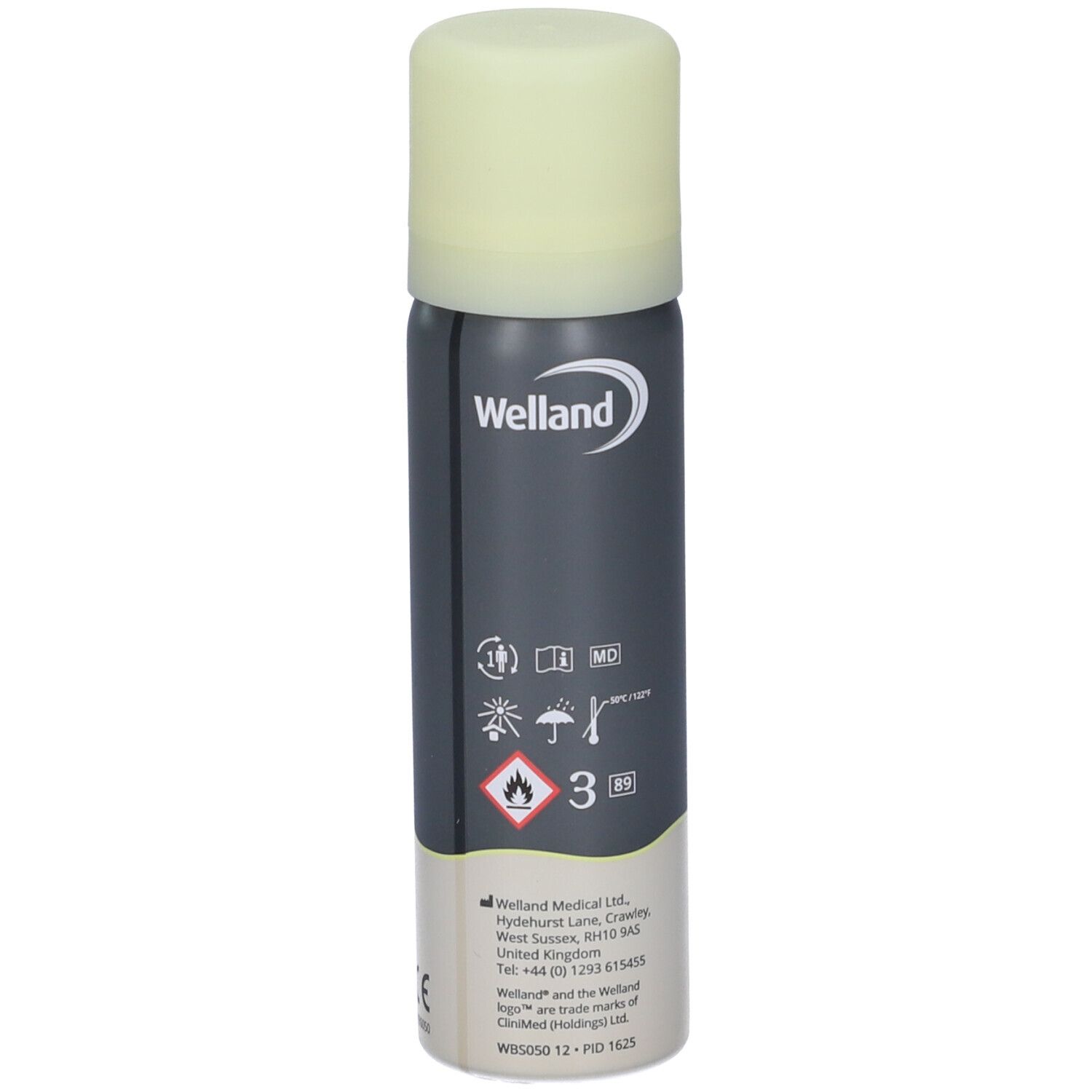 Graue Sprühflasche mit hellgrünem Deckel. Aufschrift: Welland. Piktogramme und CE-Kennzeichnung.