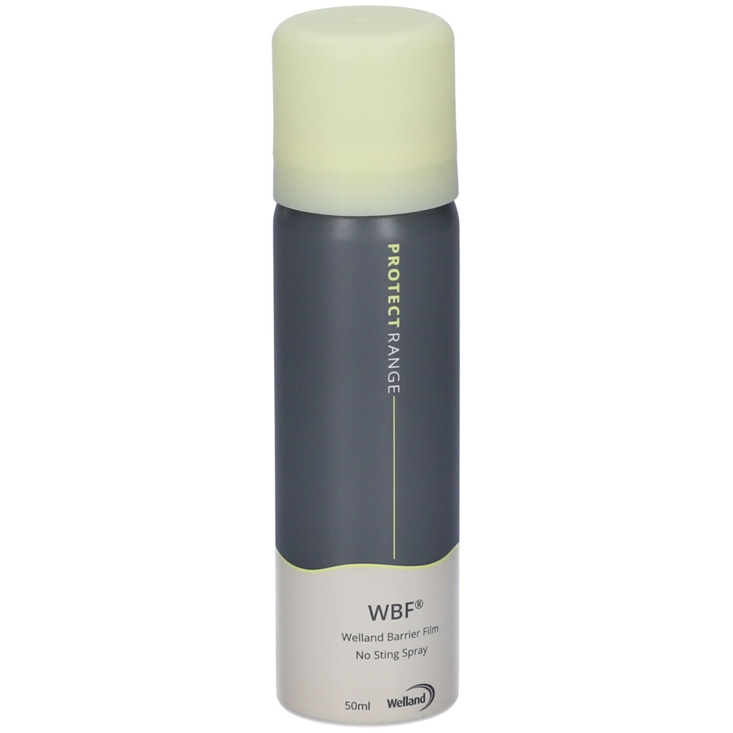 Graue Sprühflasche mit hellgrünem Deckel. Aufschrift: PROTECT RANGE, WBF, Welland Barrier Film, No Sting Spray. Marke: Welland.