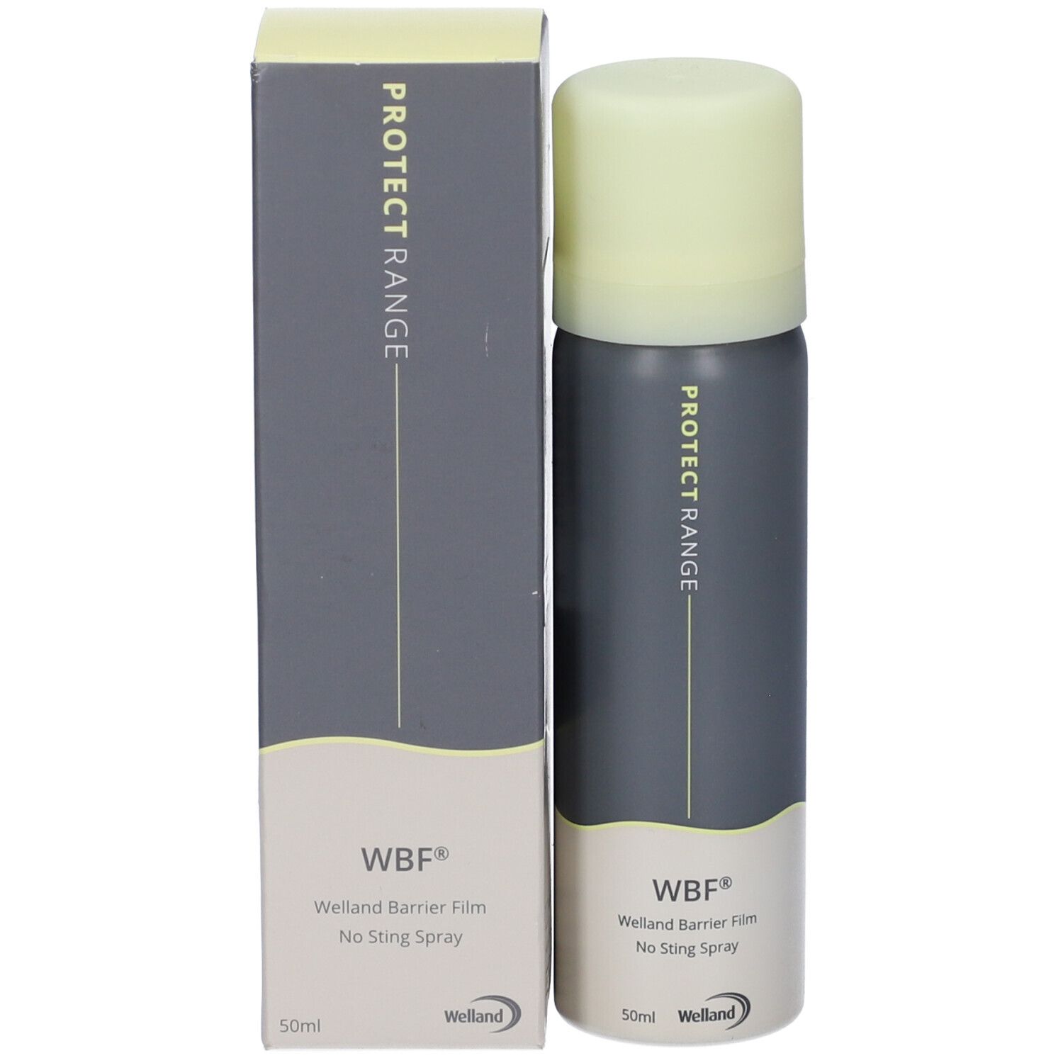 Produkt und Verpackung. Graue Sprühflasche mit hellgrünem Deckel und Karton. Aufschrift: PROTECT RANGE, WBF, Welland.