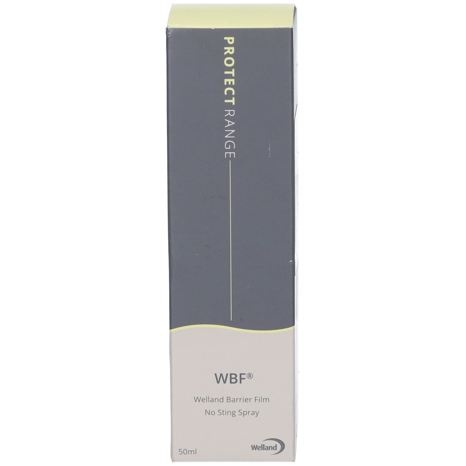Kartonverpackung. Aufschrift: PROTECT RANGE, WBF, Welland Barrier Film, No Sting Spray. Marke: Welland.