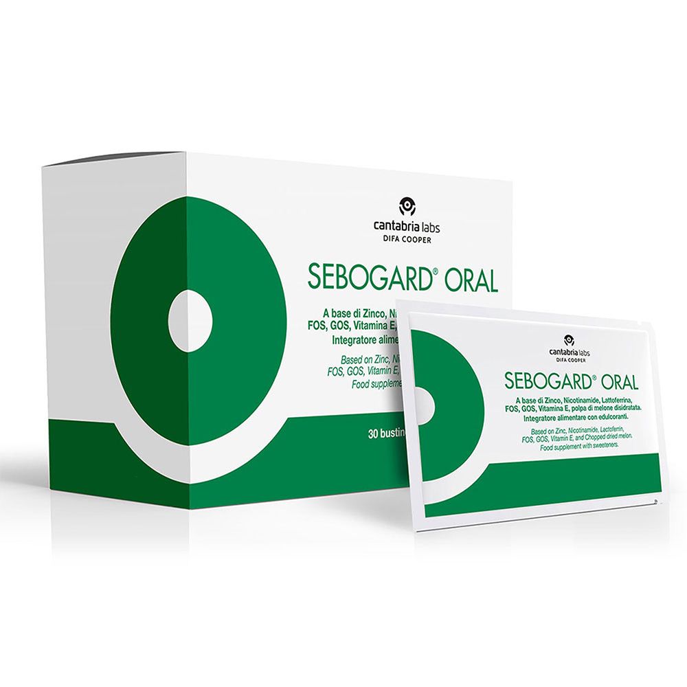 Verpackung mit Schachtel und Beutel. Beschriftung: Sebogard Oral, 30 Beutel, Nahrungsergänzungsmittel.