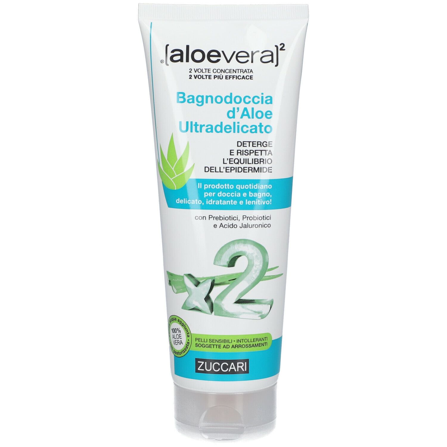 Tubo bianco e verde con nome prodotto e logo. Testo: Bagnodoccia d'Aloe Ultradelicato. Con aloe vera e acido ialuronico.