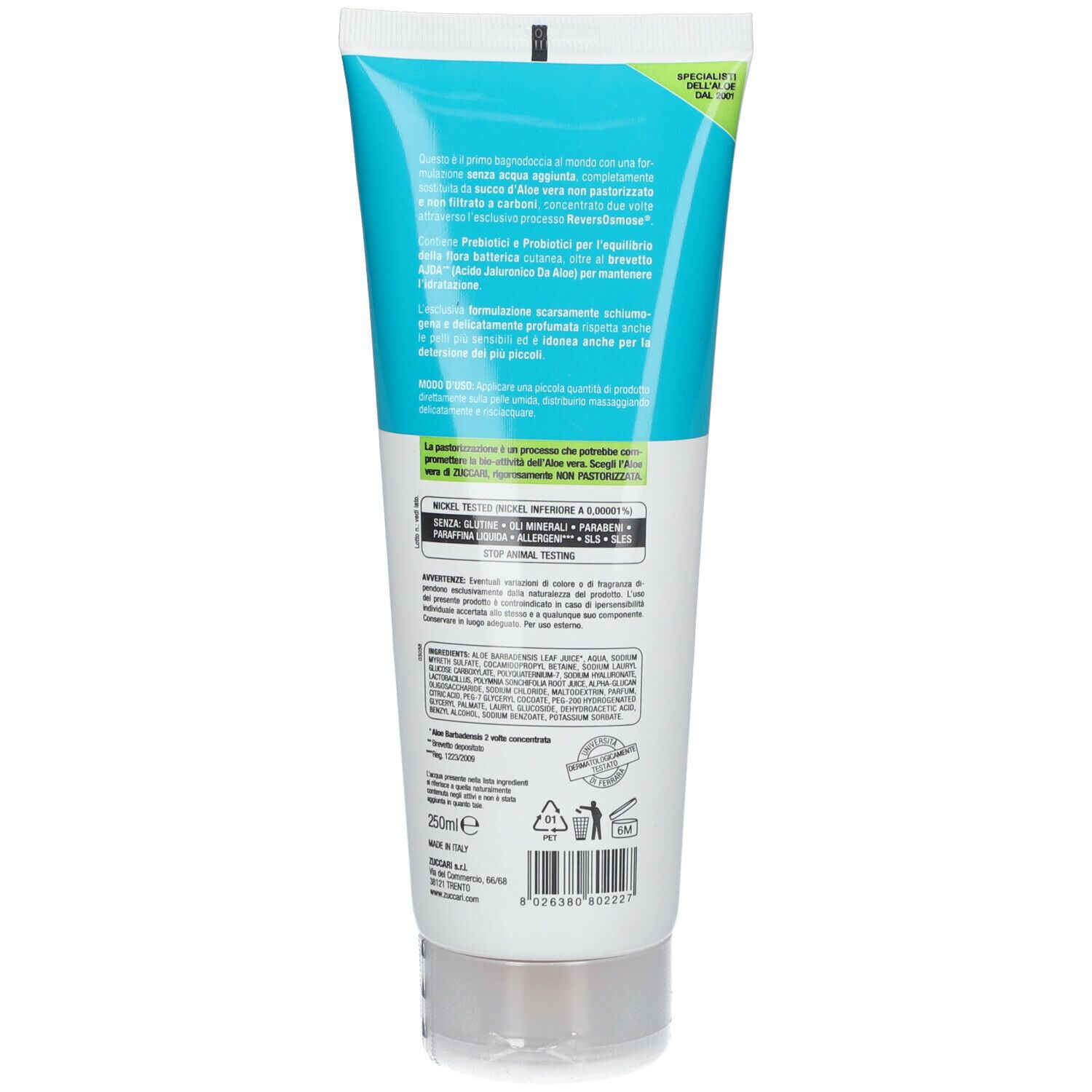 Retro del tubo. Testo e ingredienti. 250ml. Simbolo di riciclaggio. Con aloe vera.