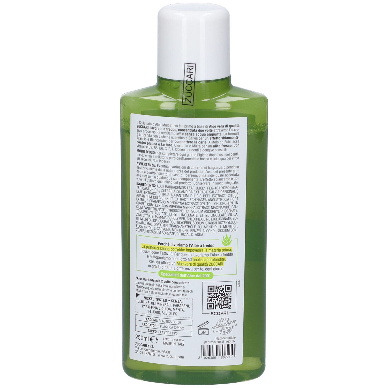 Rückseite einer grünen Flasche mit weißem Verschluss, enthaltend Aloe Vera Mundwasser. Enthält detaillierte Produktinformationen und Barcode.