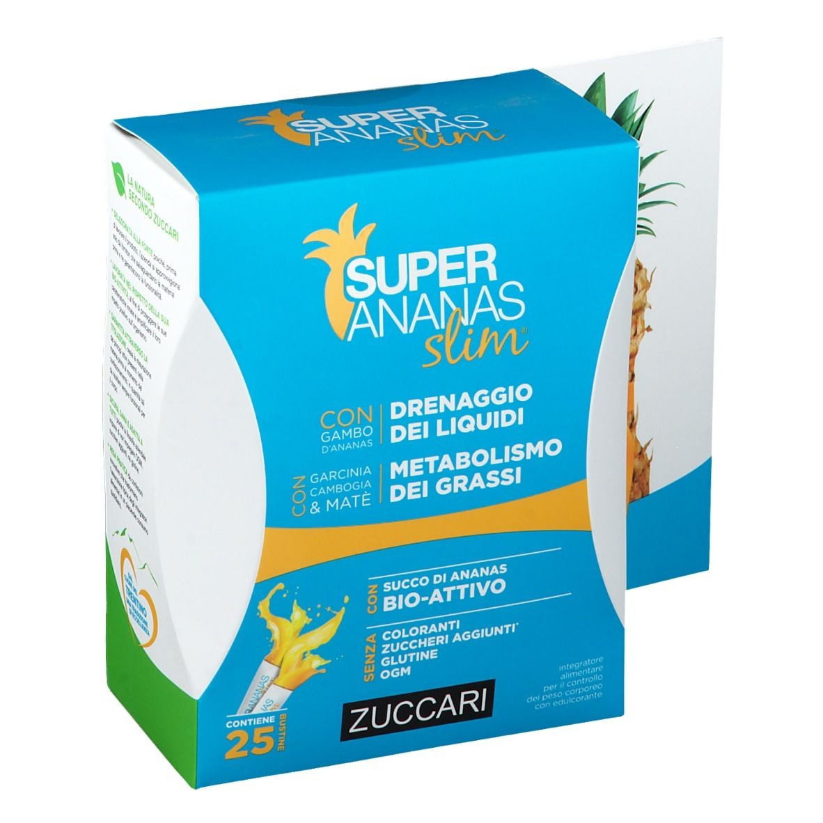 Scatola blu e bianca Super Ananas Slim® Bustine con immagine di ananas. Testo: Drenaggio dei liquidi, Metabolismo dei grassi, Succo di ananas bio-attivo.
