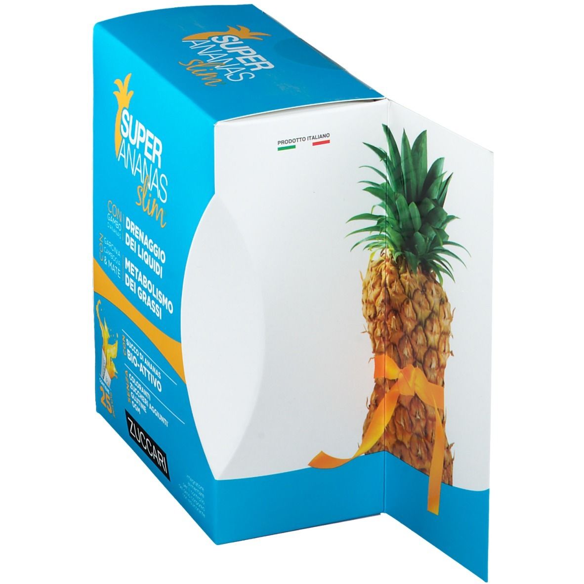 Scatola blu e bianca Super Ananas Slim® Bustine con immagine di ananas. Testo: Drenaggio dei liquidi, Metabolismo dei grassi, Succo di ananas bio-attivo.