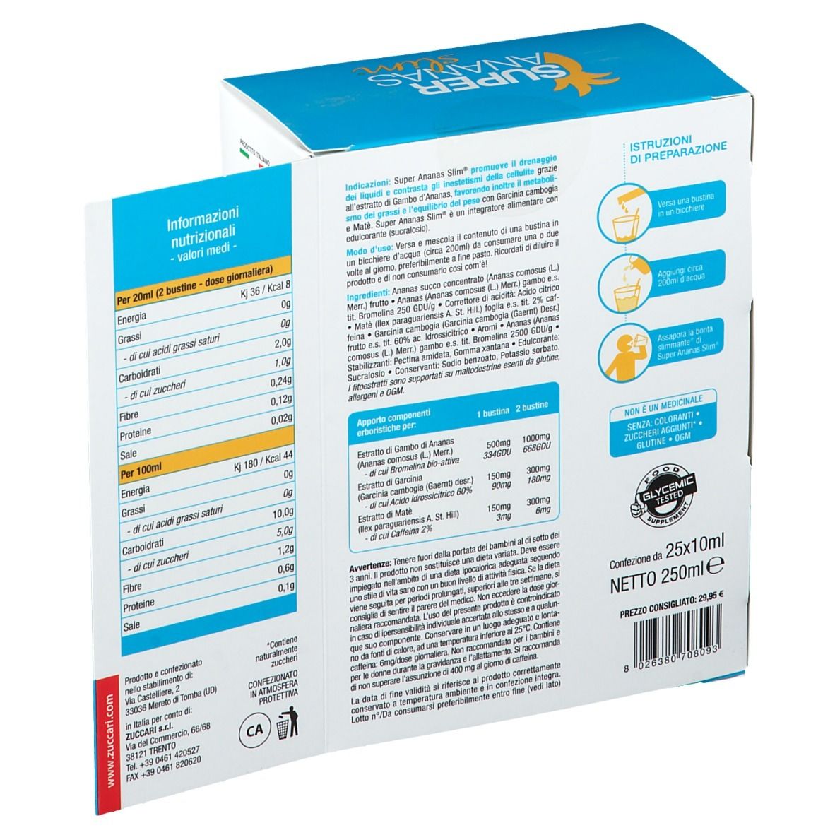 Scatola Super Ananas Slim® Bustine aperta con immagine di ananas. Retro con informazioni nutrizionali e istruzioni per la preparazione. Testo: 25x10ml.
