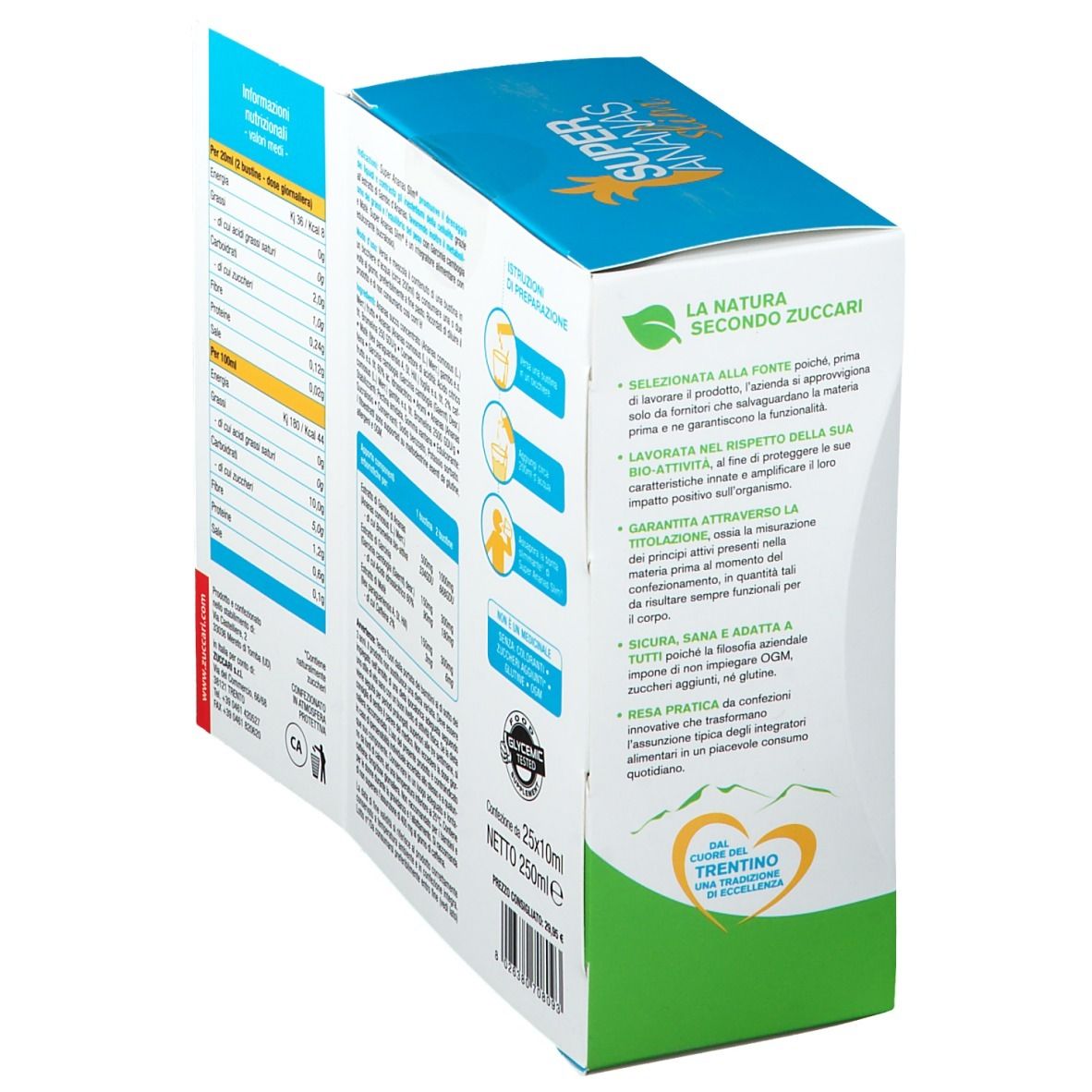 Scatola Super Ananas Slim® Bustine aperta con immagine di ananas. Retro con informazioni. Testo: 25x10ml, La natura secondo Zuccari.