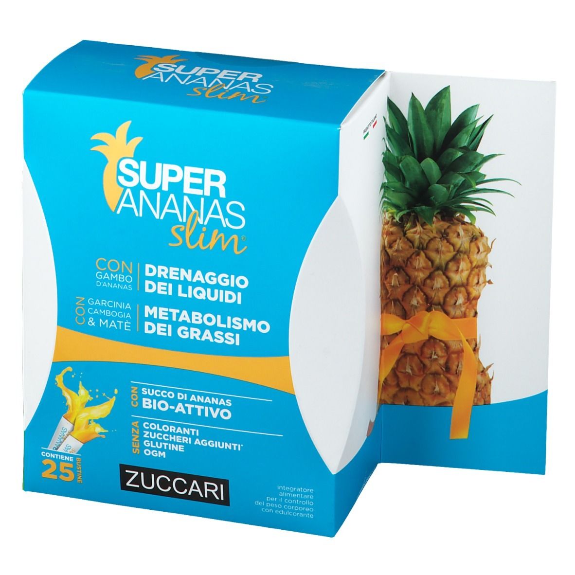 Scatola blu e bianca Super Ananas Slim® Bustine con immagine di ananas. Testo: Drenaggio dei liquidi, Metabolismo dei grassi, Succo di ananas bio-attivo.