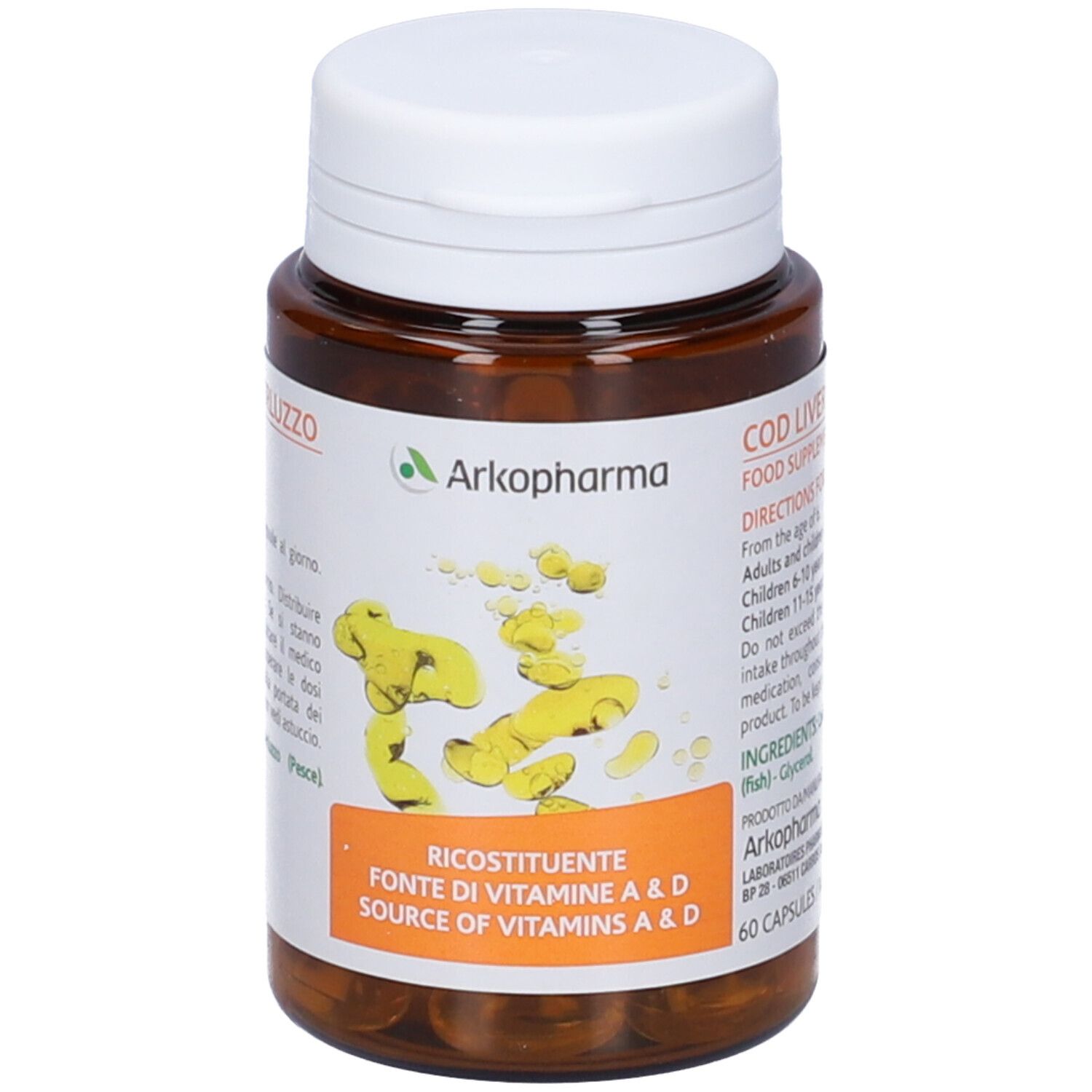 Flacone marrone con tappo bianco. Contiene capsule. Scritta: Arkopharma, Ricostituente, Fonte di Vitamine A & D.