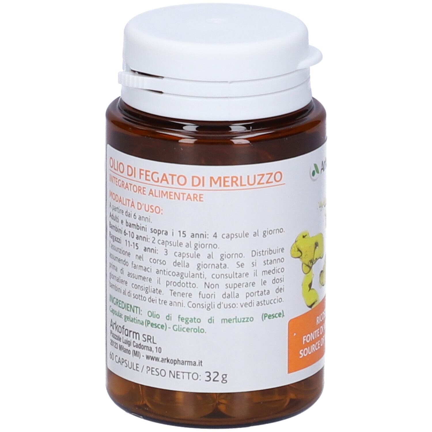 Flacone marrone con tappo bianco. Scritta: Olio di Fegato di Merluzzo, Integratore Alimentare. Testo sul retro.