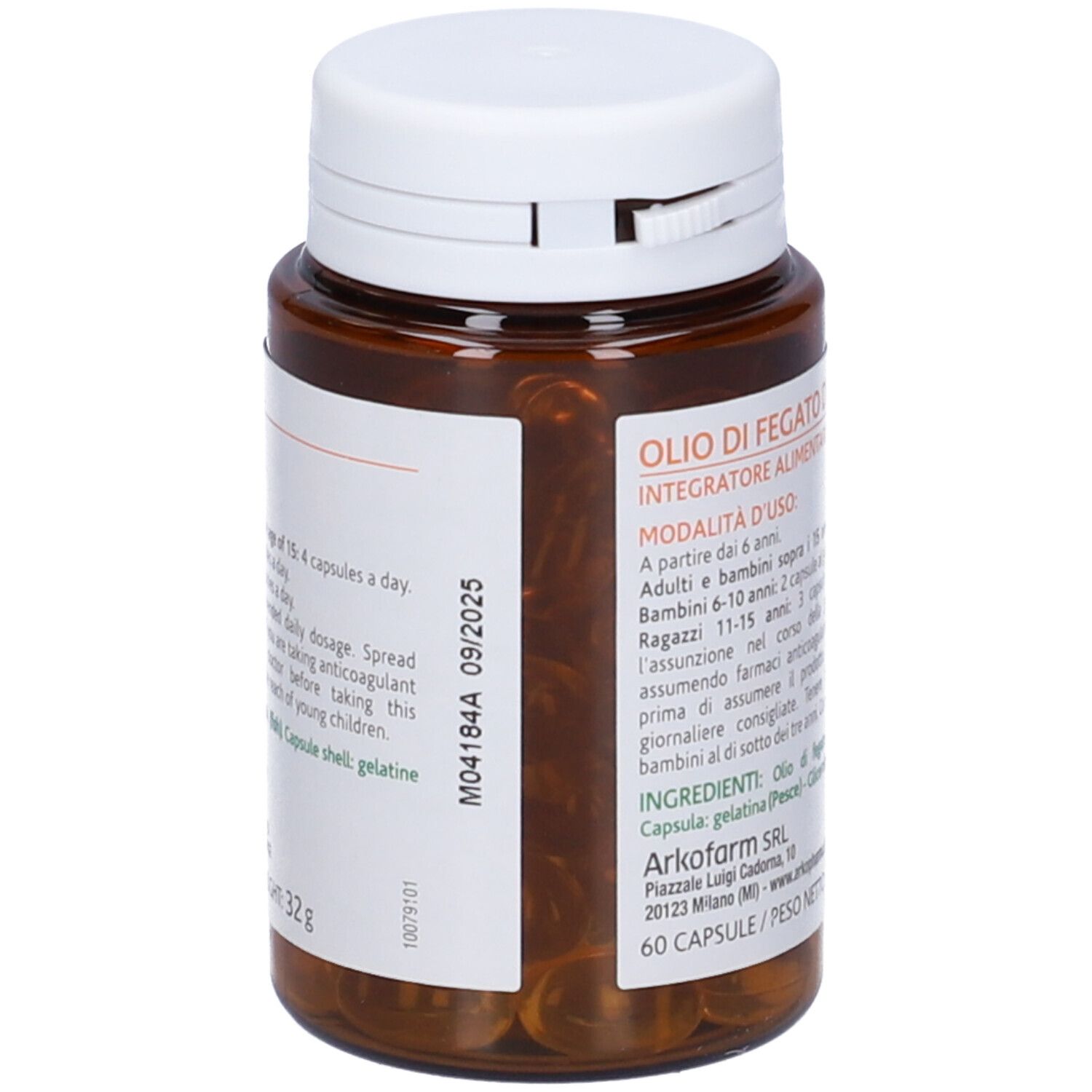 Flacone marrone con tappo bianco. Scritta: Olio di Fegato di Merluzzo, Integratore Alimentare. Etichetta con testo.