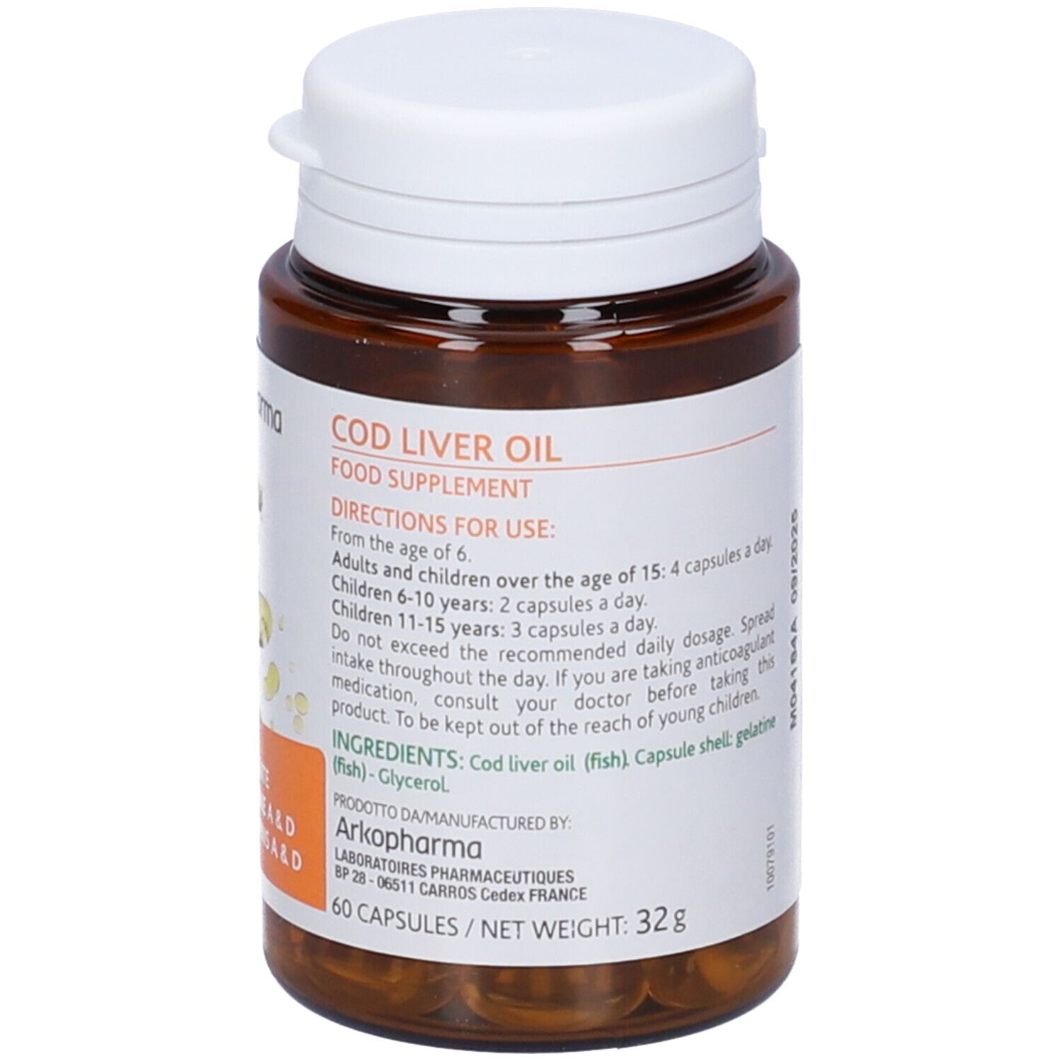 Flacone marrone con tappo bianco. Scritta: COD LIVER OIL, Food Supplement. Etichetta con testo e ingredienti.