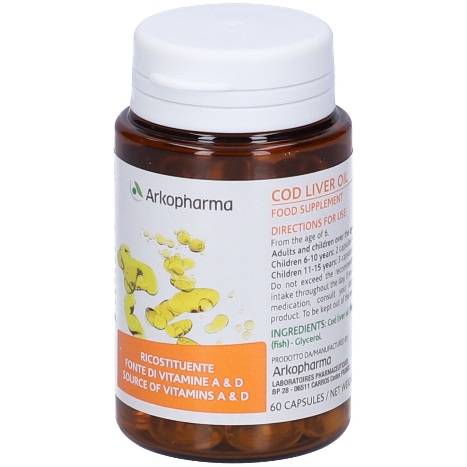 Flacone marrone con tappo bianco. Scritta: COD LIVER OIL, Food Supplement. Etichetta con testo e logo.